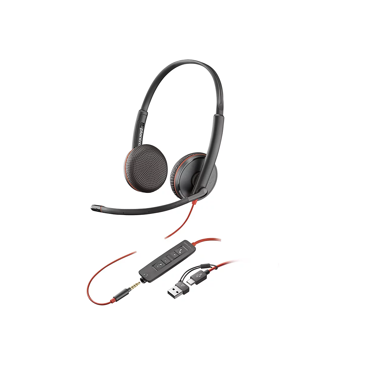 Ein schwarzes Headset mit Ohrmuscheln, Mikrofon und roter Kabelverbindung. Kabel mit USB- und Klinkenanschluss.