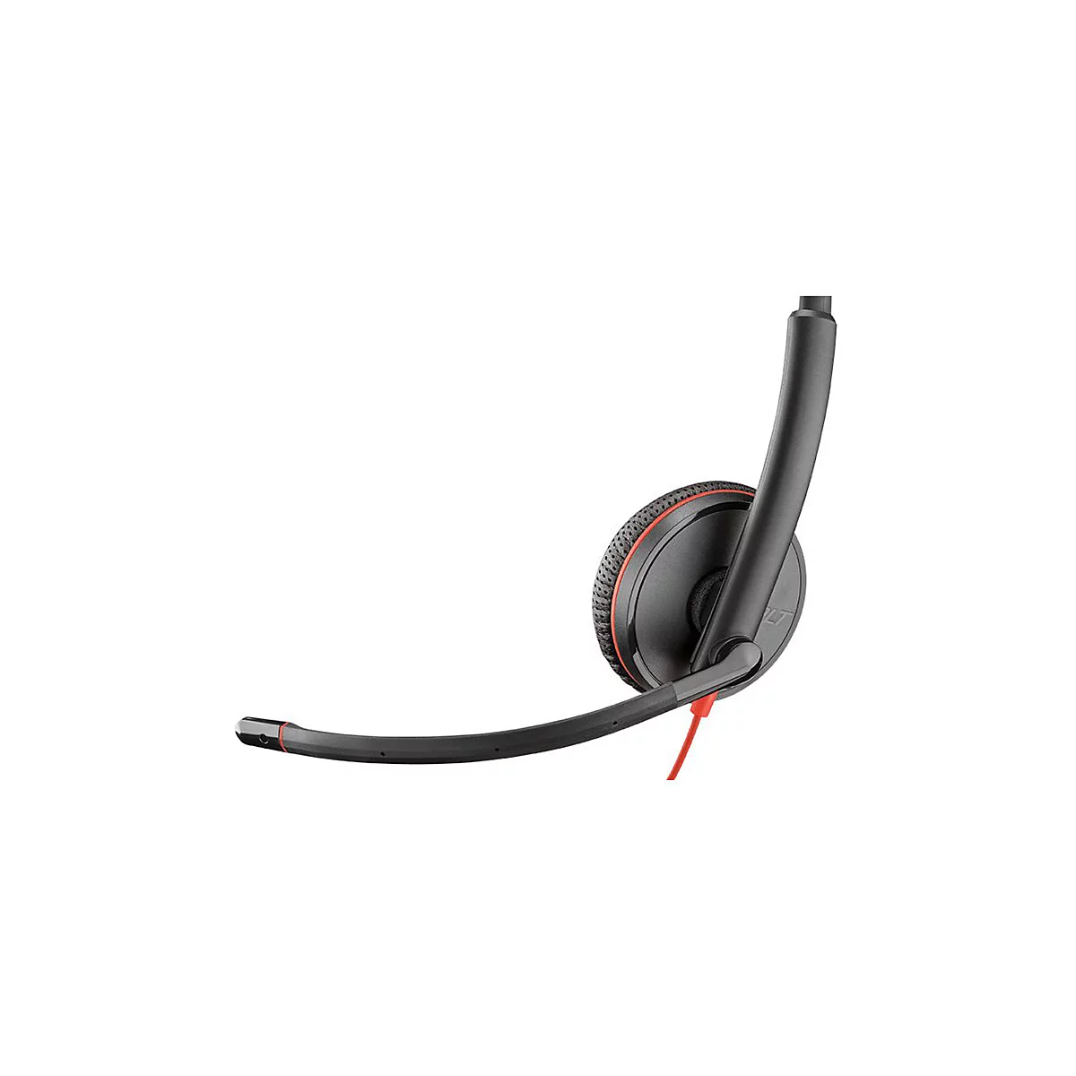 Schwarzes Headset mit rotem Akzent. Mikrofonarm, Ohrhörer und Kabel.