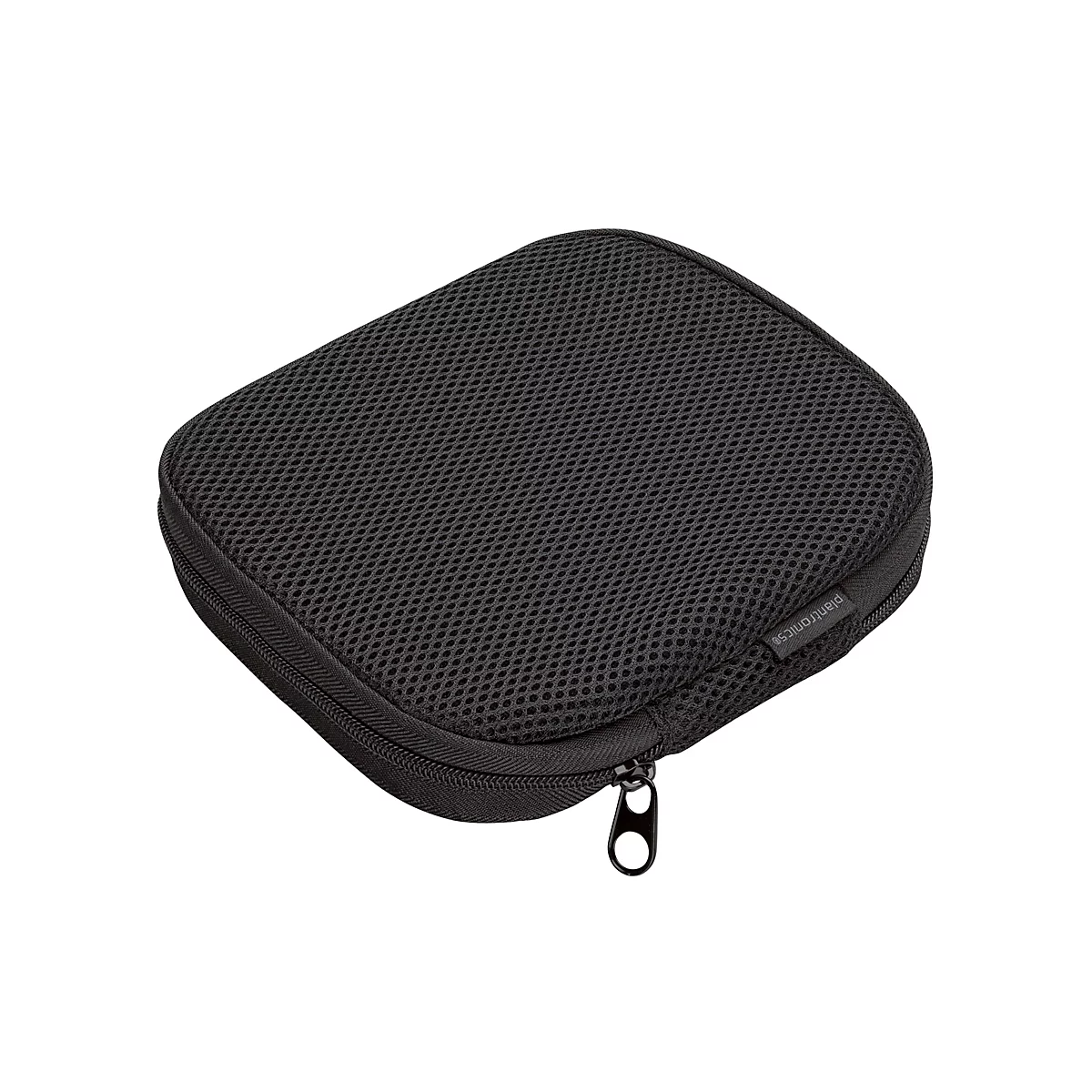 Schwarzes, rechteckiges Etui mit Reißverschluss, das einen Netzstoff-Look hat. Das Plantronics Logo ist am Rand sichtbar.