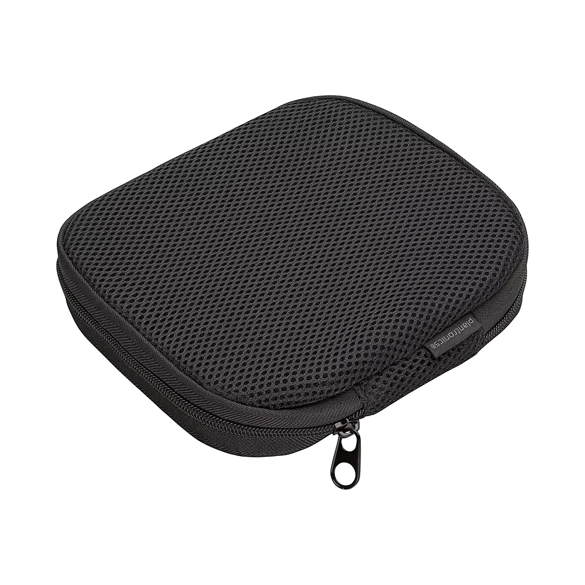 Schwarzes, rechteckiges Etui mit Reißverschluss, Netzgewebe und Plantronics®-Logo.