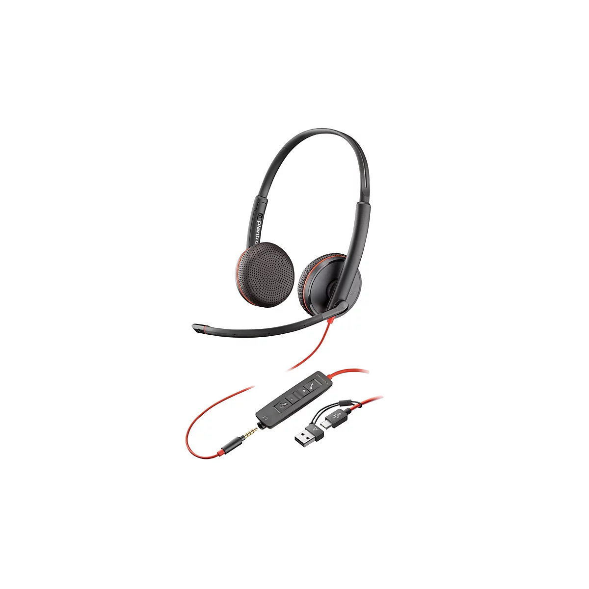 Schwarzes Plantronics Headset mit rotem Kabel und Kabelfernbedienung auf weißem Hintergrund.