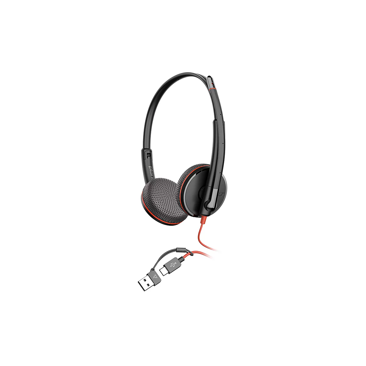 Schwarzes On-Ear-Headset mit rotem Akzent, rotem Kabel und Dual-Anschluss (USB-A und USB-C).