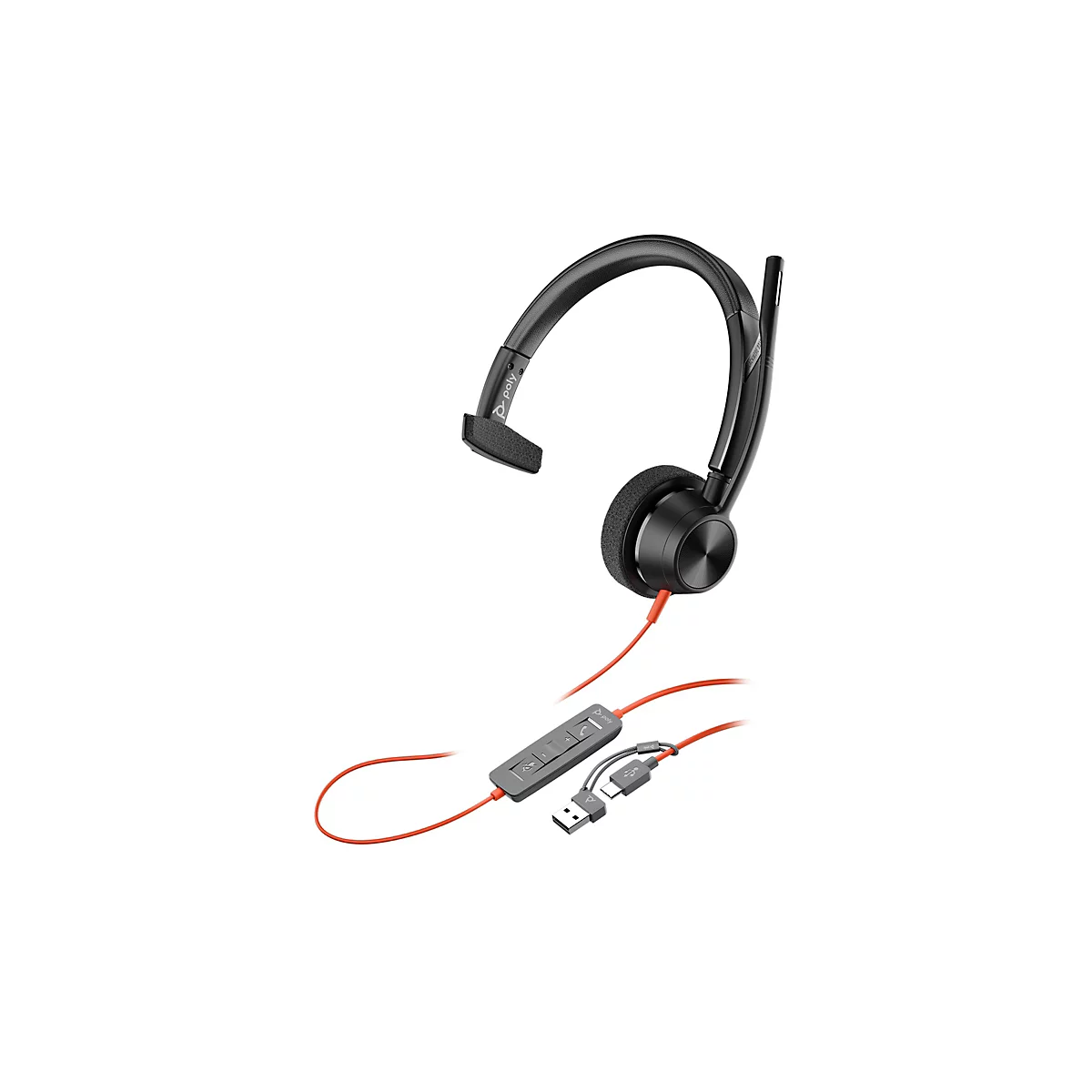 Schwarzes Poly Headset mit einseitigem Ohrhörer, Mikrofonarm und orangefarbenem Kabel mit USB-Steuerungseinheit.