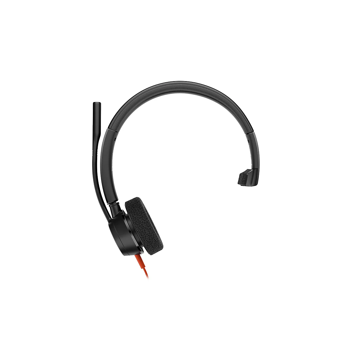 Schwarzes On-Ear-Headset mit flexiblem Mikrofonarm und rotem Kabel auf weißem Hintergrund.