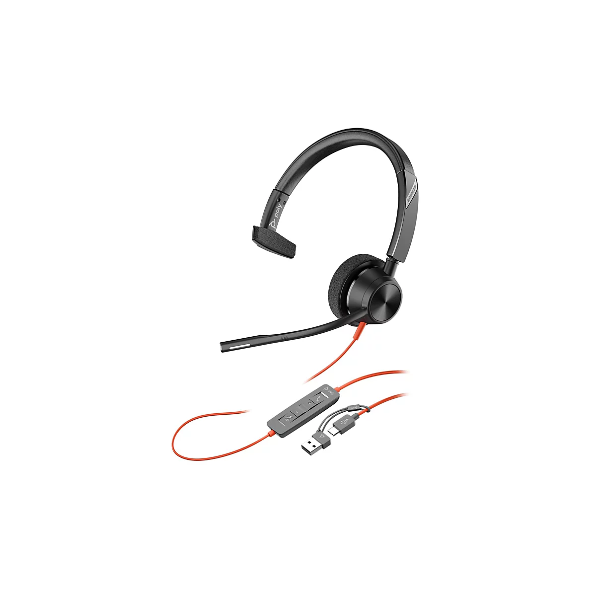 Schwarzes Poly Headset mit einseitigem Ohrpolster, Mikrofonarm, Kabelfernbedienung und USB-C/USB-A Anschluss.