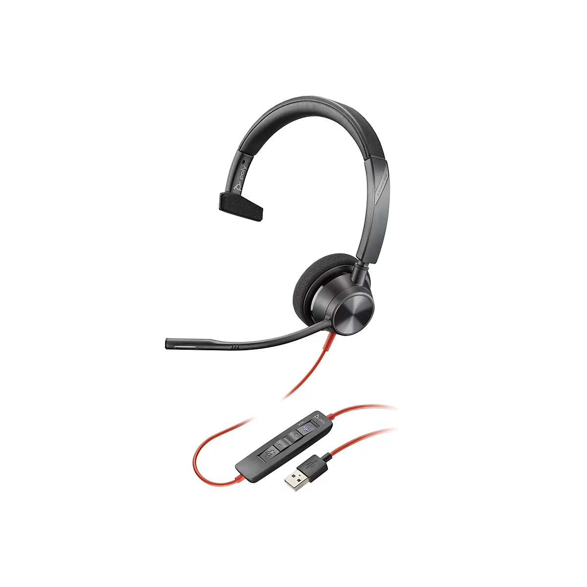 Ein schwarzes Headset mit rotem Kabel und integrierter Steuerung, vor weißem Hintergrund. Das Headset hat ein Mikrofon, einen Ohrhörer und einen verstellbaren Kopfbügel.