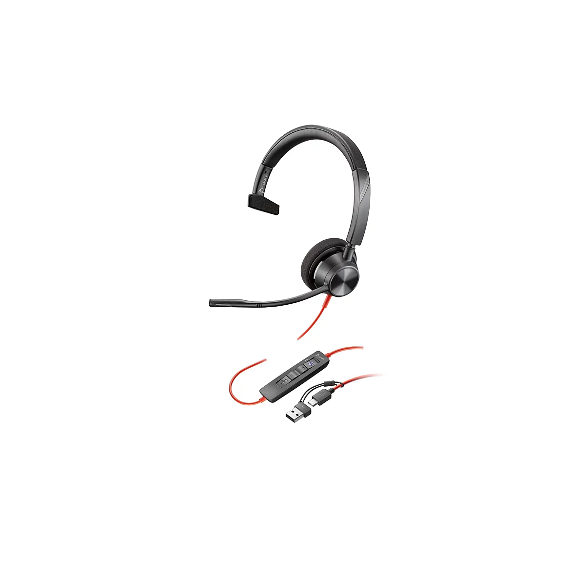 Ein schwarzes Headset mit rotem Kabel und integrierter Steuerung. Das Headset ist vor weißem Hintergrund abgebildet.