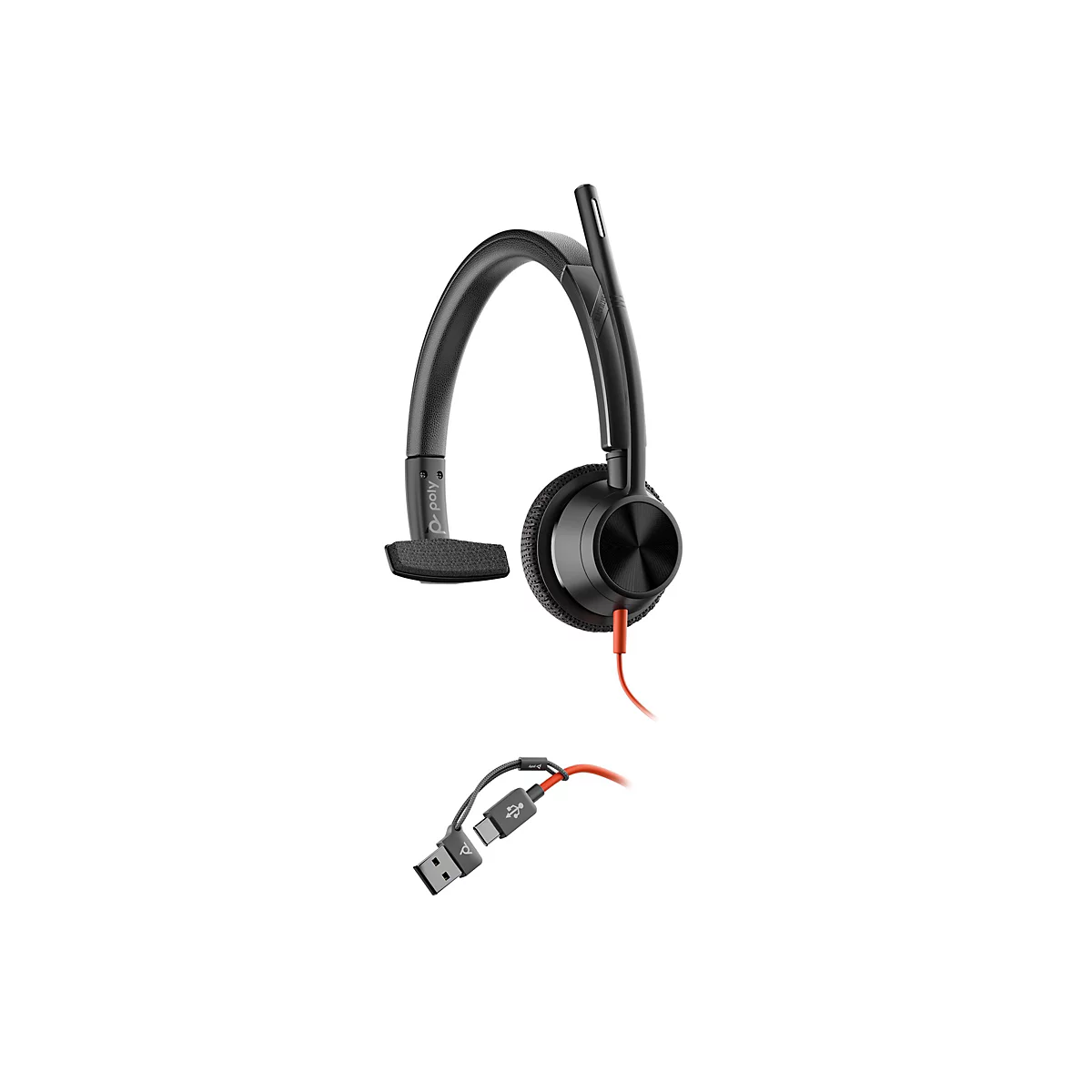 Schwarzes einohrigen Poly Headset mit Mikrofonarm und orangefarbenem Kabel mit USB-A und USB-C Anschluss.