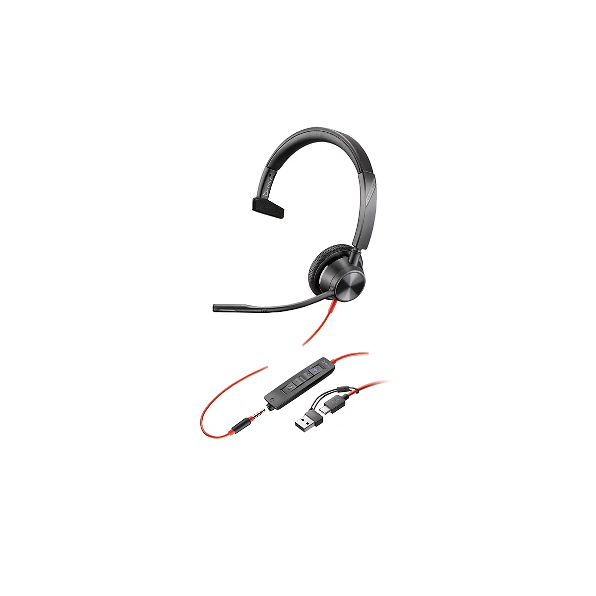 Schwarzes einseitiges Poly Headset mit rotem Kabel, Mikrofonarm und einer Kabelfernbedienung mit USB-C und USB-A Anschlüssen.