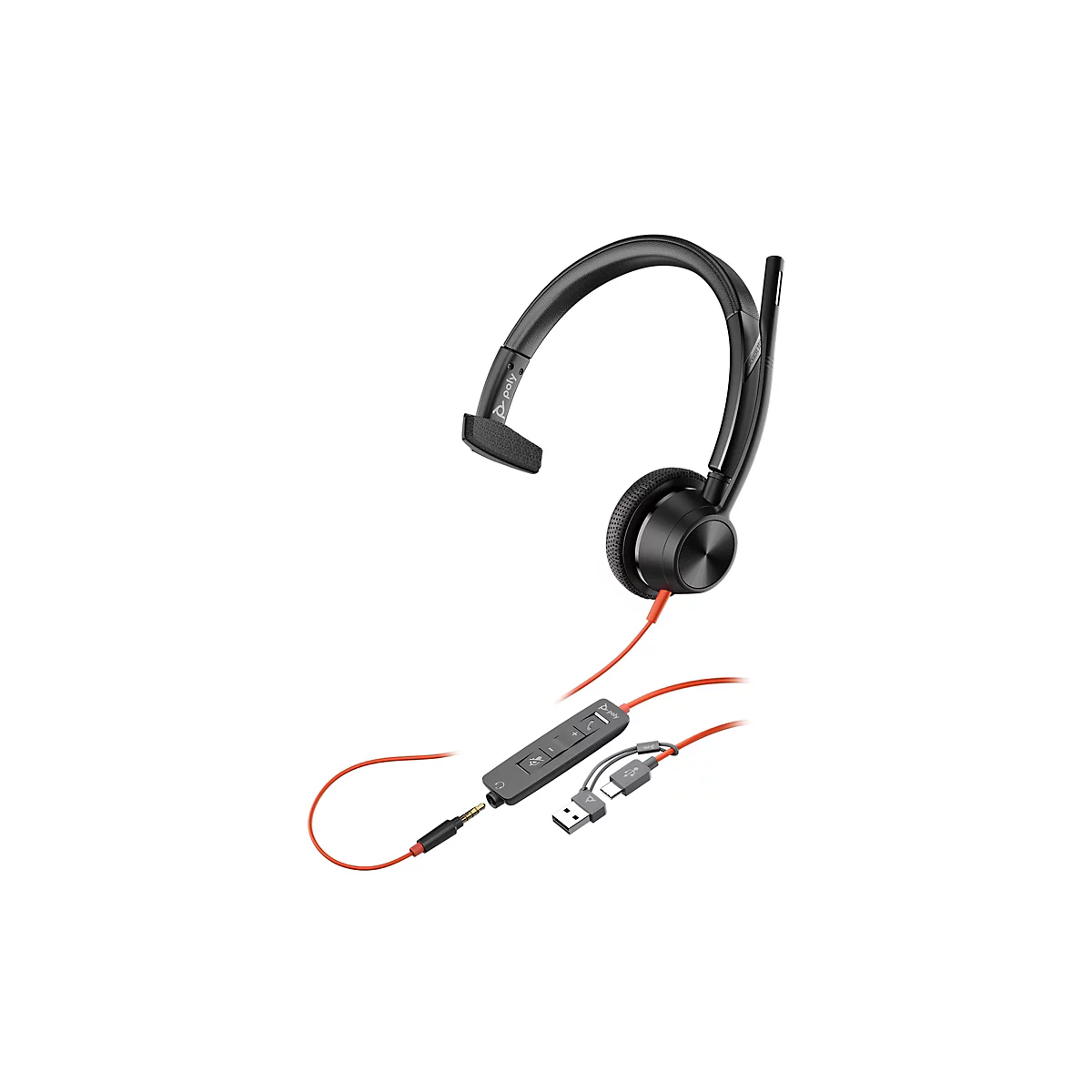Schwarzes Poly Headset mit einseitigem Ohrhörer, Mikrofonarm und orangefarbenem Kabel mit USB-A und USB-C Anschluss.