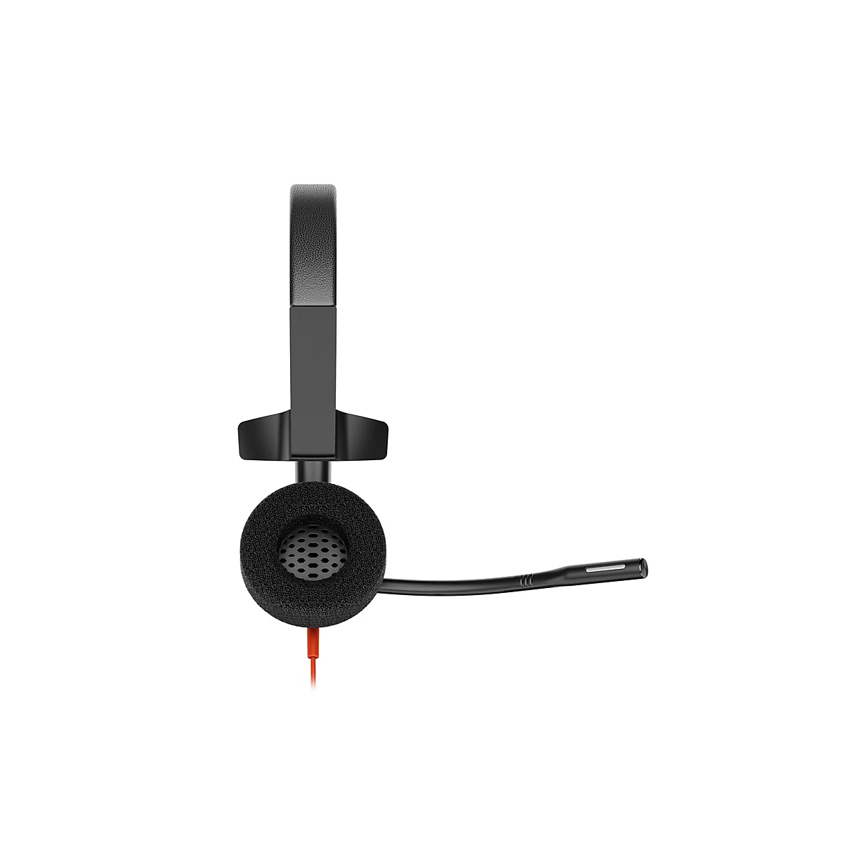 Schwarzes On-Ear-Headset mit Bügel und Mikrofonarm in Seitenansicht vor weißem Hintergrund.