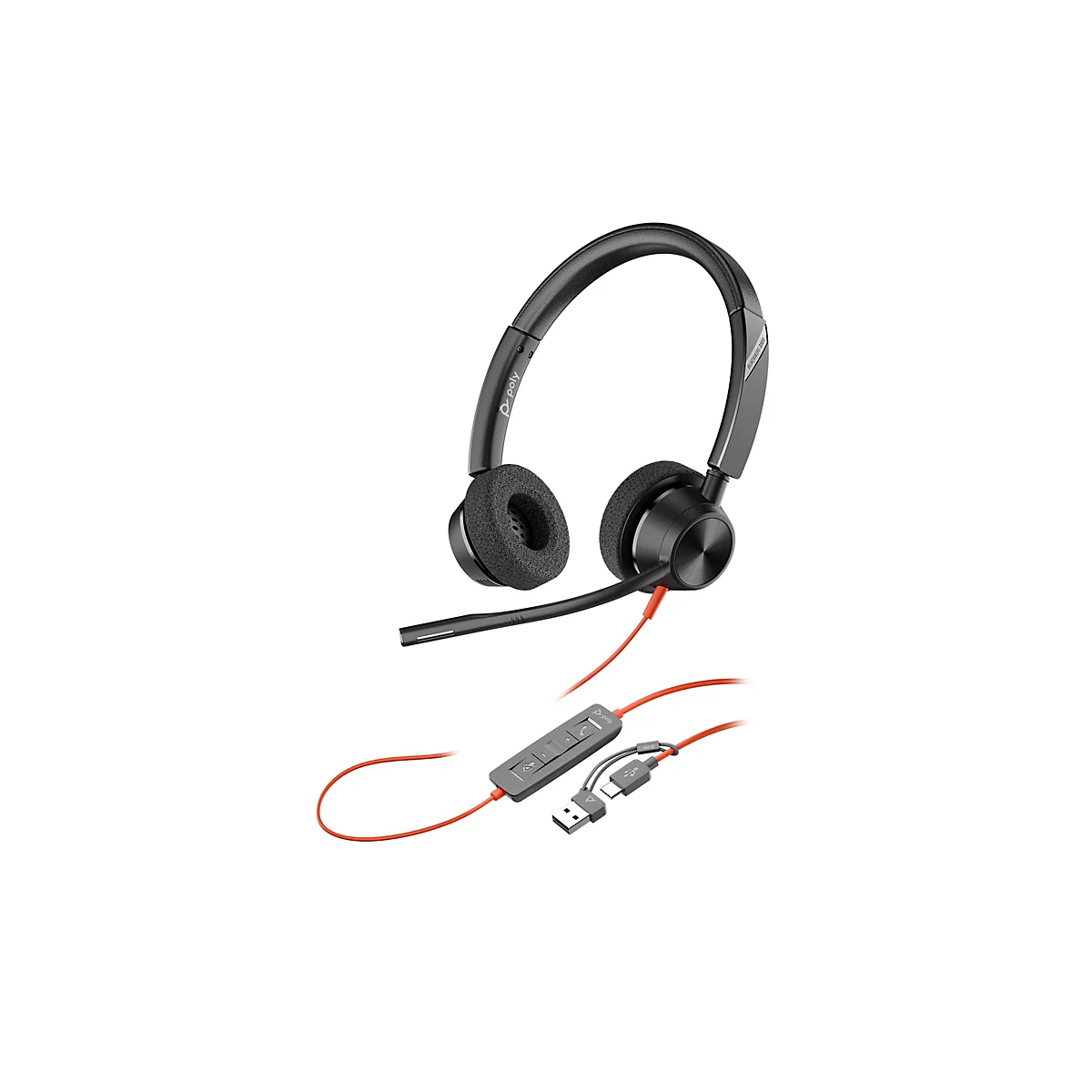 Schwarzes Poly Blackwire 3320 Headset mit orangem Kabel und USB-Anschluss vor weißem Hintergrund.