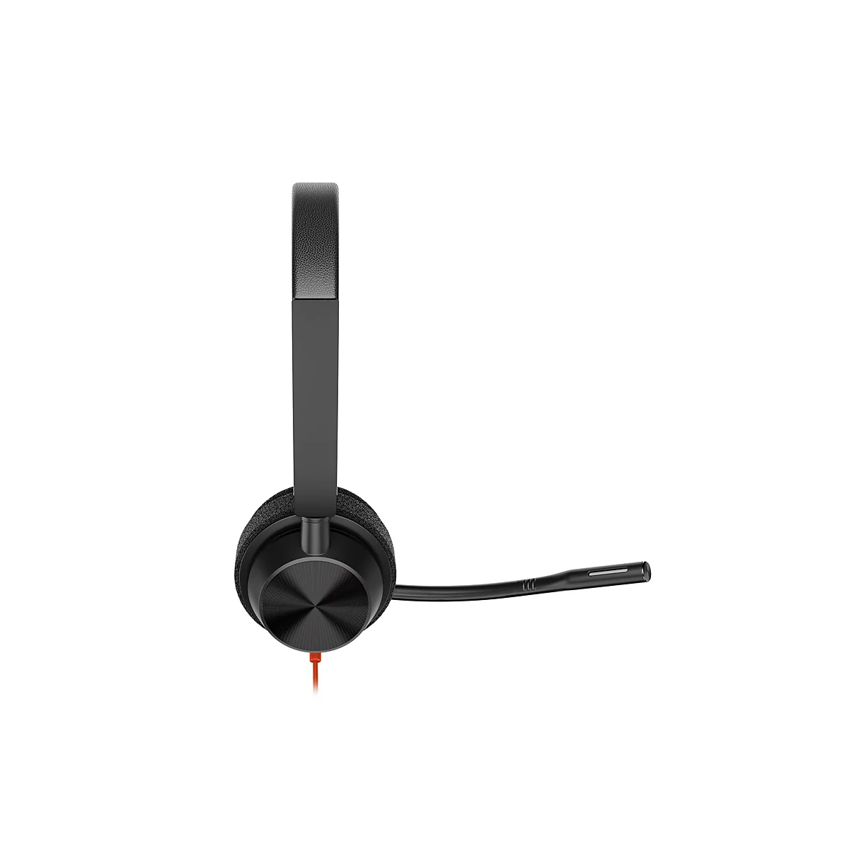 Schwarzes On-Ear-Headset in Seitenansicht mit gepolstertem Bügel und Mikrofonarm vor weißem Hintergrund.