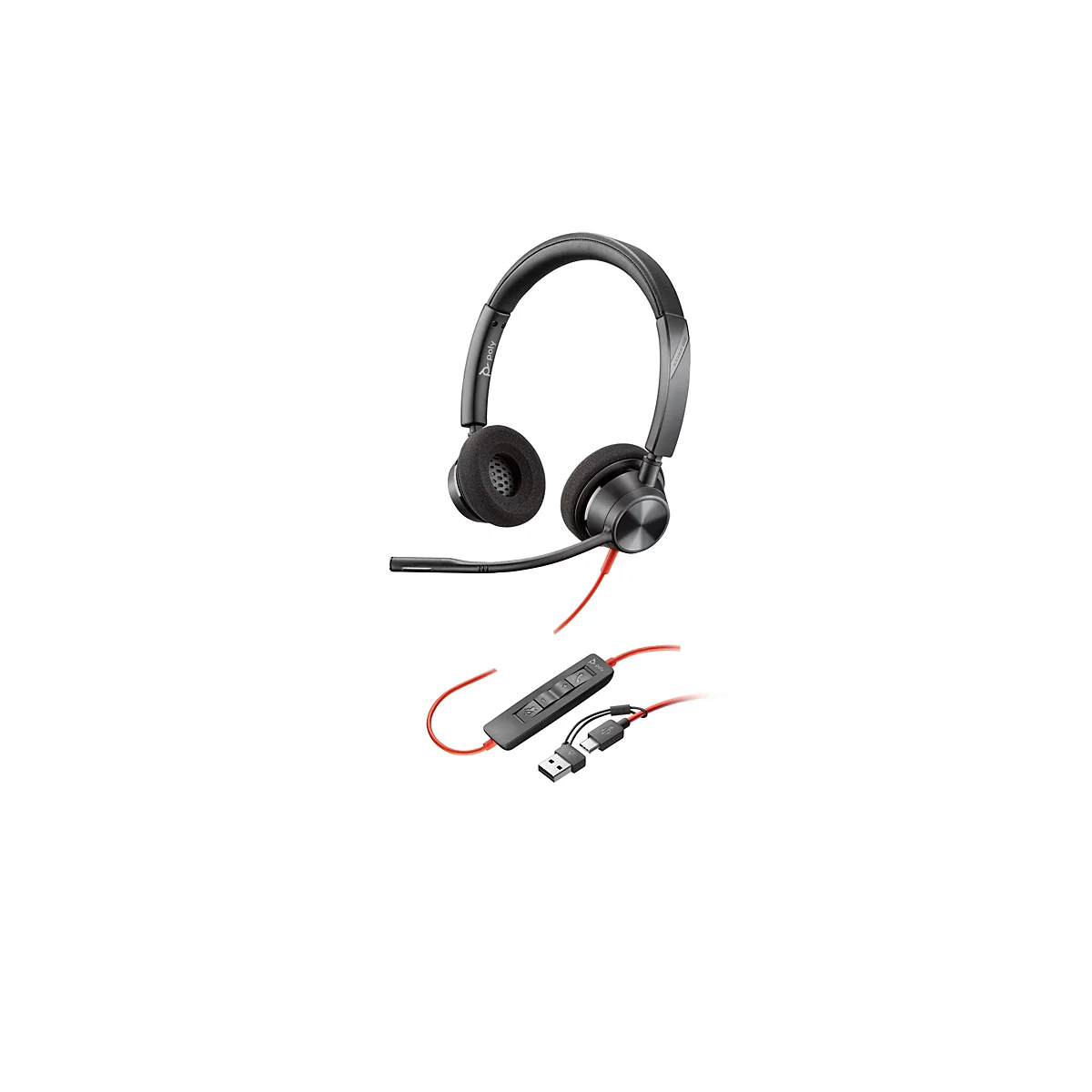 Ein schwarzes Headset mit Ohrmuscheln, Mikrofon und Steuerelementen. Rotes Kabel verbindet Headset mit USB-Anschlüssen.