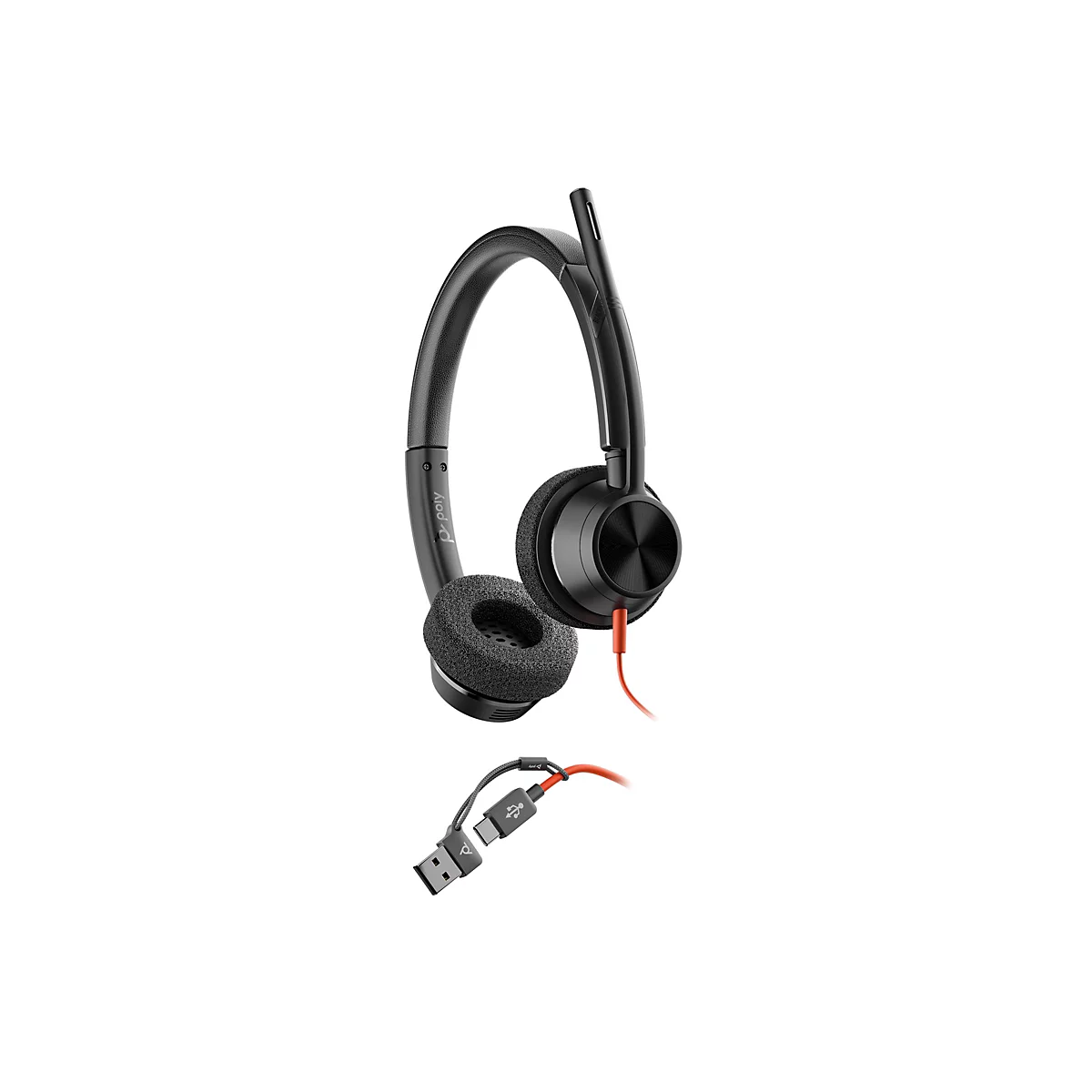 Schwarzes Poly Headset mit gepolstertem Bügel, weichen Ohrpolstern und integriertem Kabel mit USB-A und USB-C Anschlüssen.