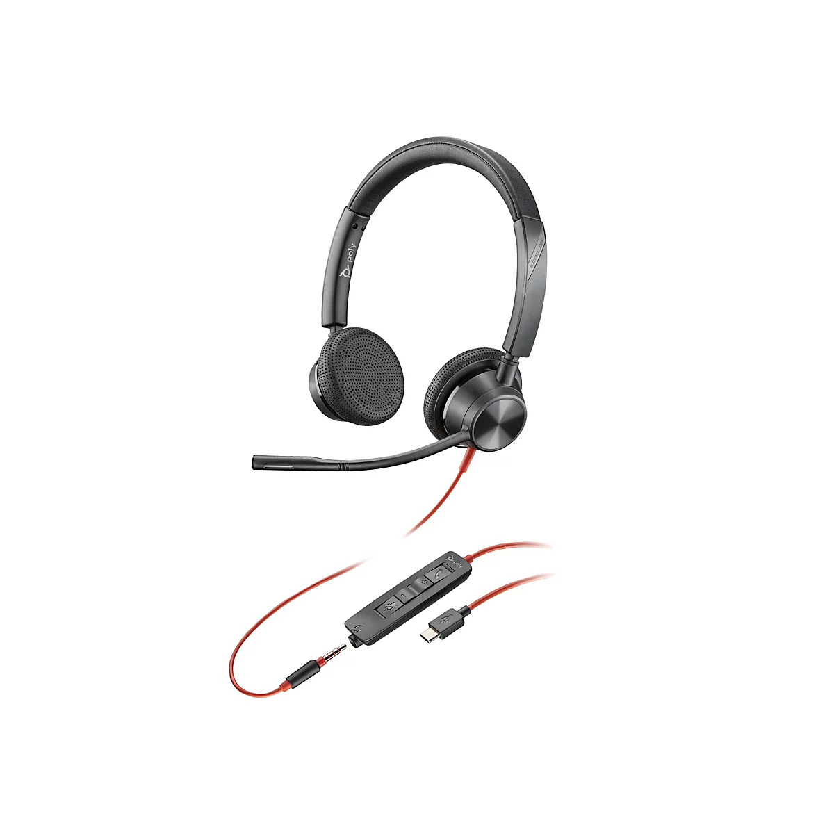 Schwarzes Headset mit rotem Kabel und integrierter Steuerung. Das Headset liegt vor weißem Hintergrund.