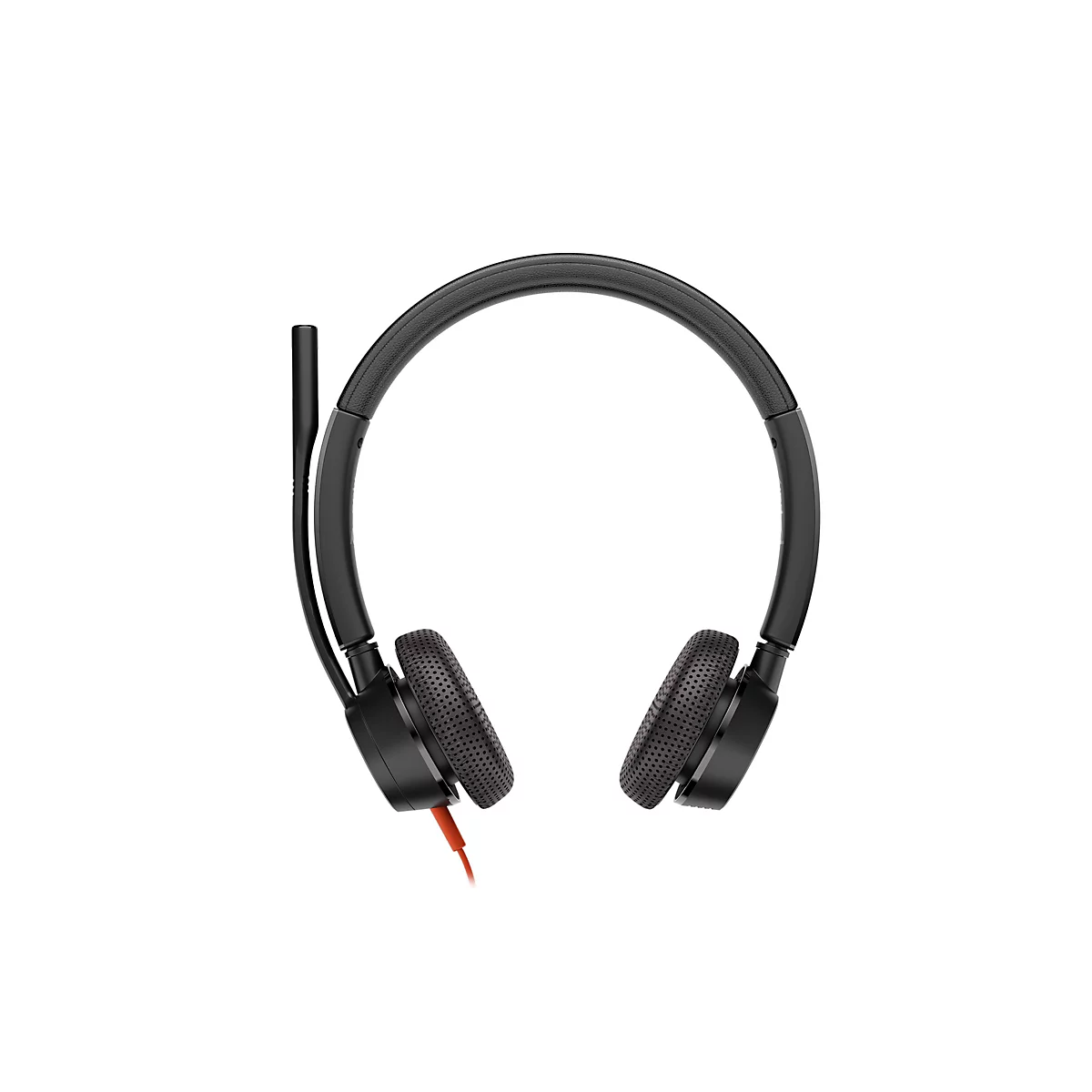 Schwarzes On-Ear-Headset mit Kopfbügel, perforierten Ohrpolstern und einem ausklappbaren Mikrofonarm vor weißem Hintergrund.