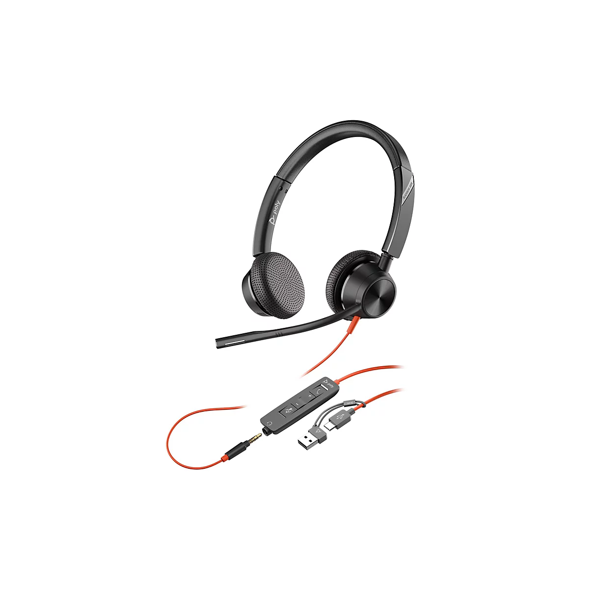 Schwarzes Poly Headset mit orangefarbenem Kabel und Steuerungseinheit, weißer Hintergrund.
