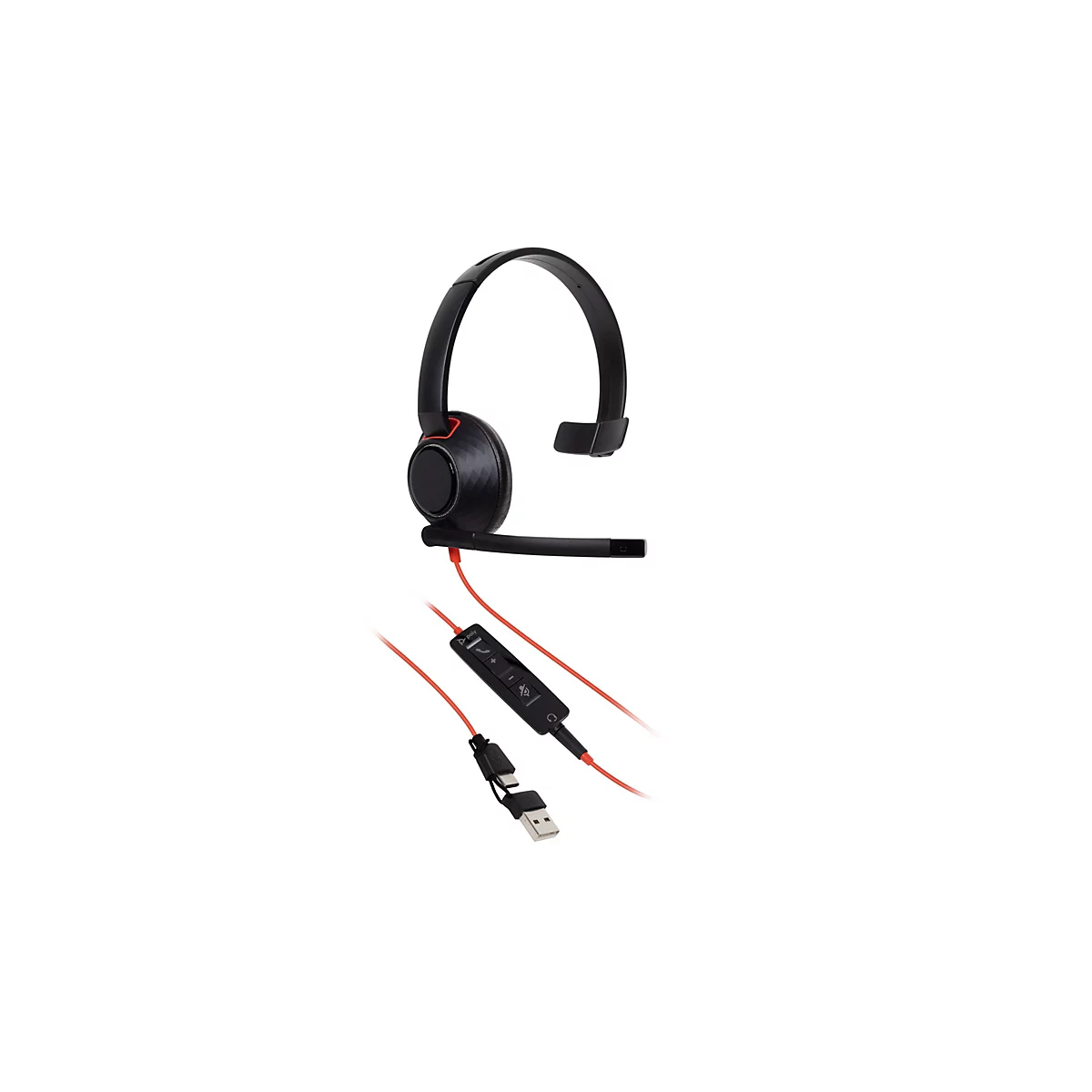 Schwarzes Poly Headset mit rotem Kabel, Fernbedienung und USB-Anschluss vor weißem Hintergrund.