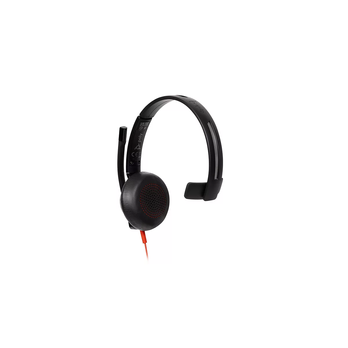 Schwarzes Poly Headset mit einem Ohrhörer, rotem Lautsprechergitter und rotem Kabel vor weißem Hintergrund.
