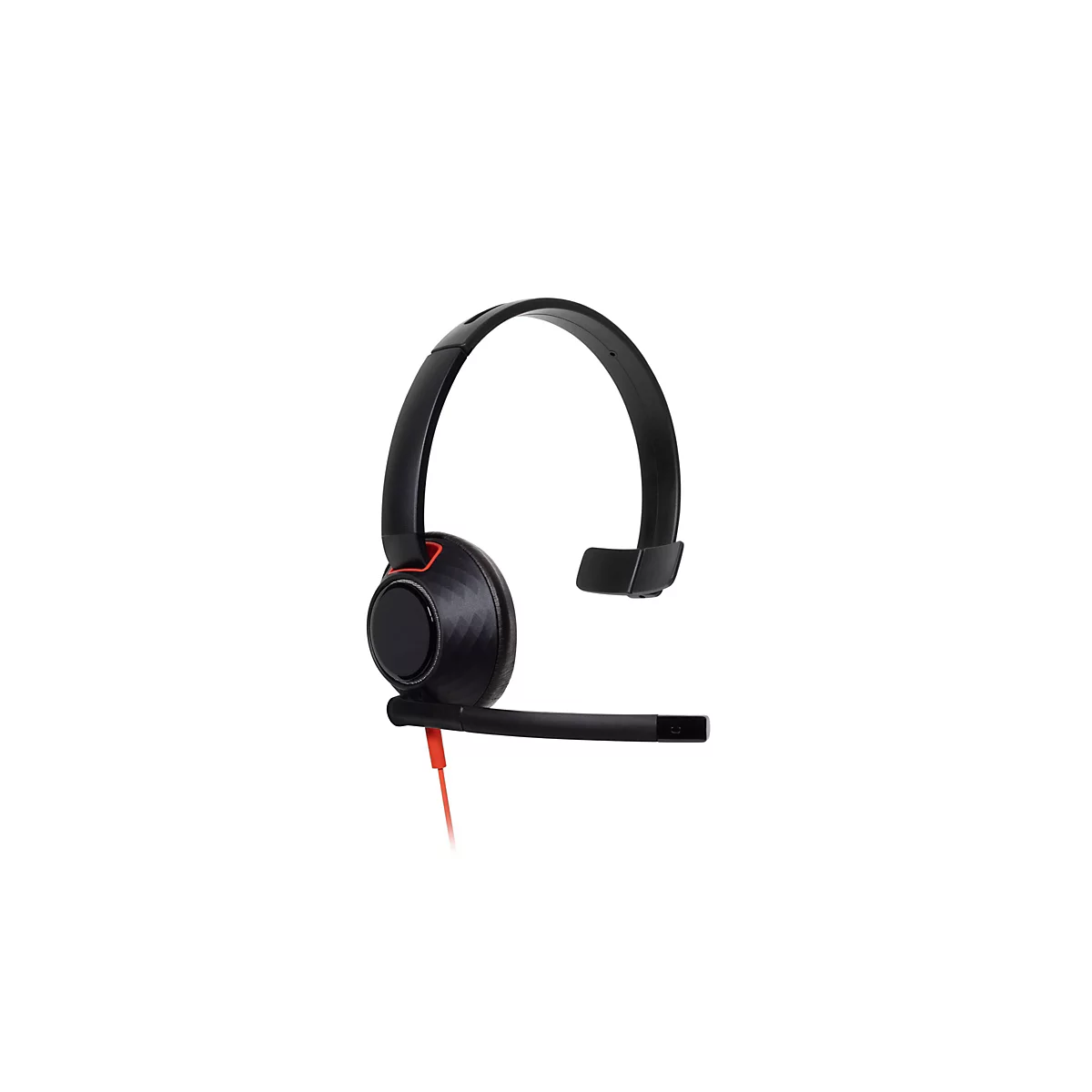 Schwarzes On-Ear-Headset mit einem roten Kabel und Mikrofonarm vor weißem Hintergrund.