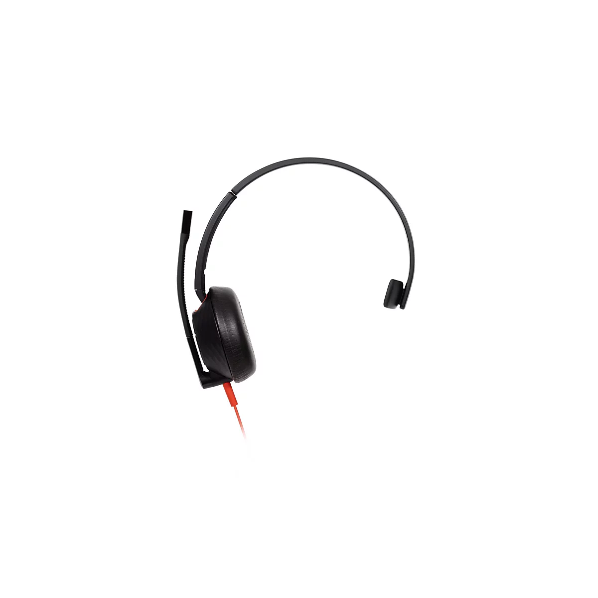 Schwarzes Headset mit beidseitigem Kopfbügel und rotem Kabel vor weißem Hintergrund.
