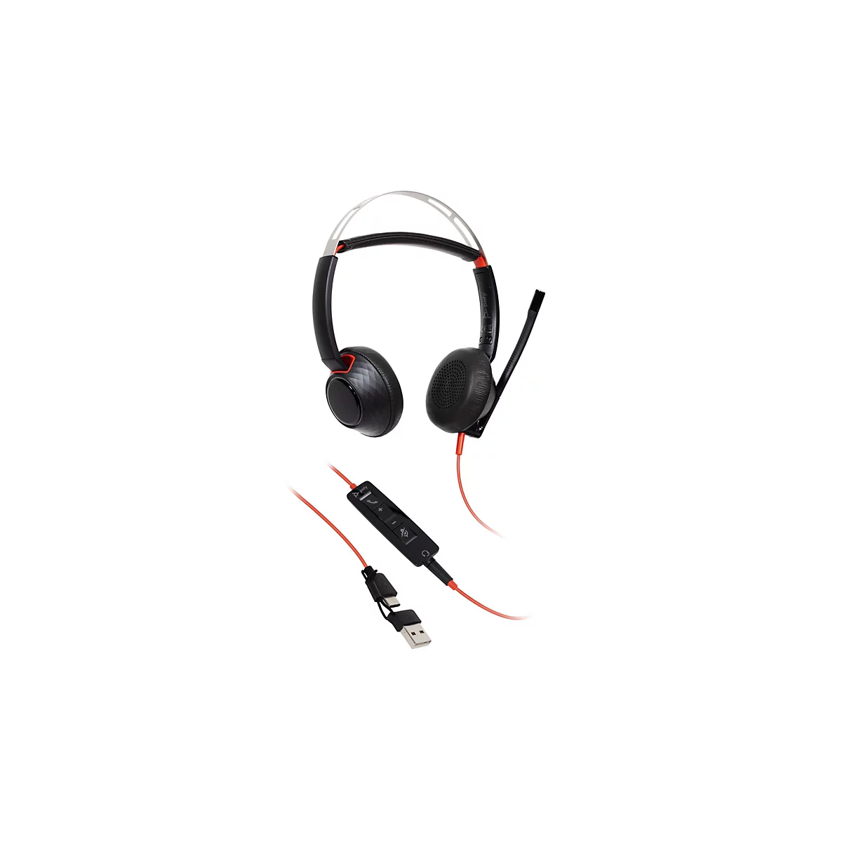Schwarzes Poly Headset mit rotem Kabel, Mikrofonarm und USB-Stecker vor weißem Hintergrund.