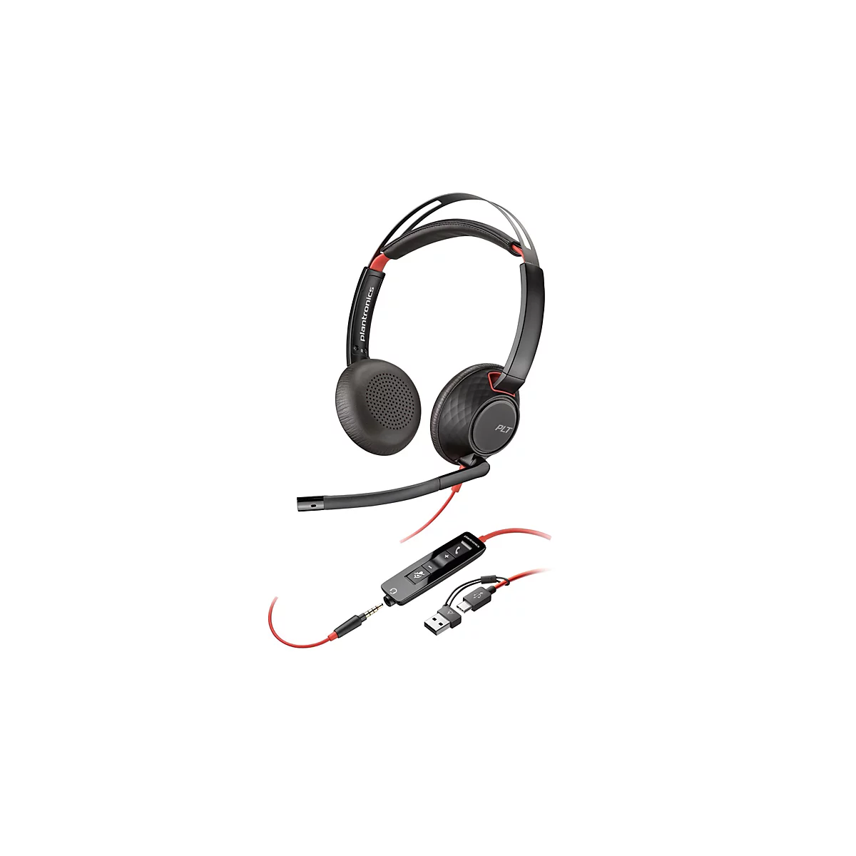 Schwarzes Plantronics Headset mit rotem Kabel und integrierter Bedieneinheit vor weißem Hintergrund.
