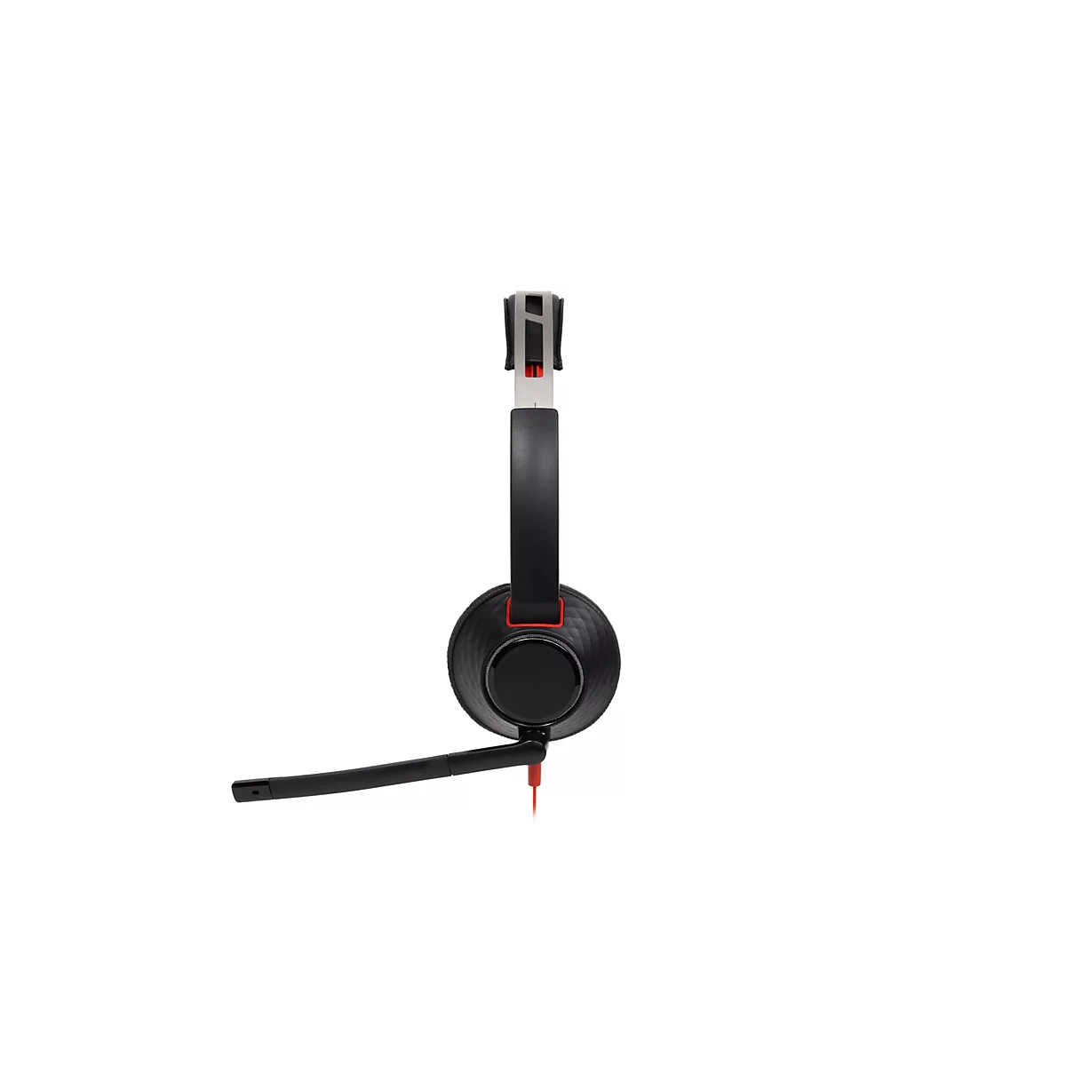 Schwarzes Headset mit Mikrofonarm in Seitenansicht vor weißem Hintergrund.