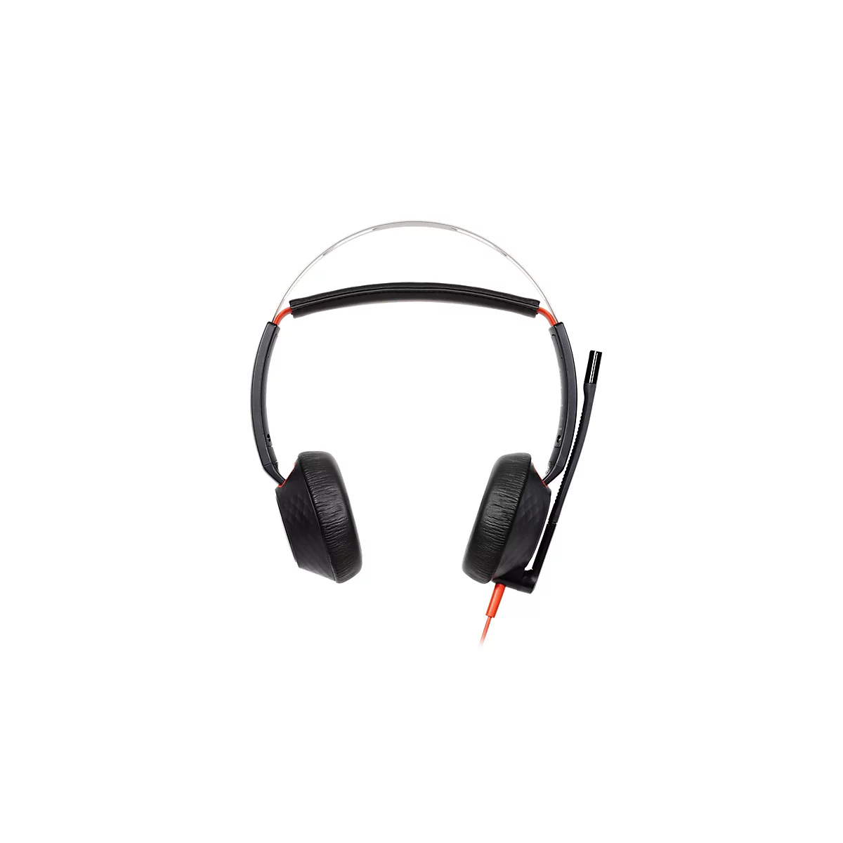 Schwarzes Gaming-Headset mit orangefarbenen Akzenten und Bügelmikrofon vor weißem Hintergrund.