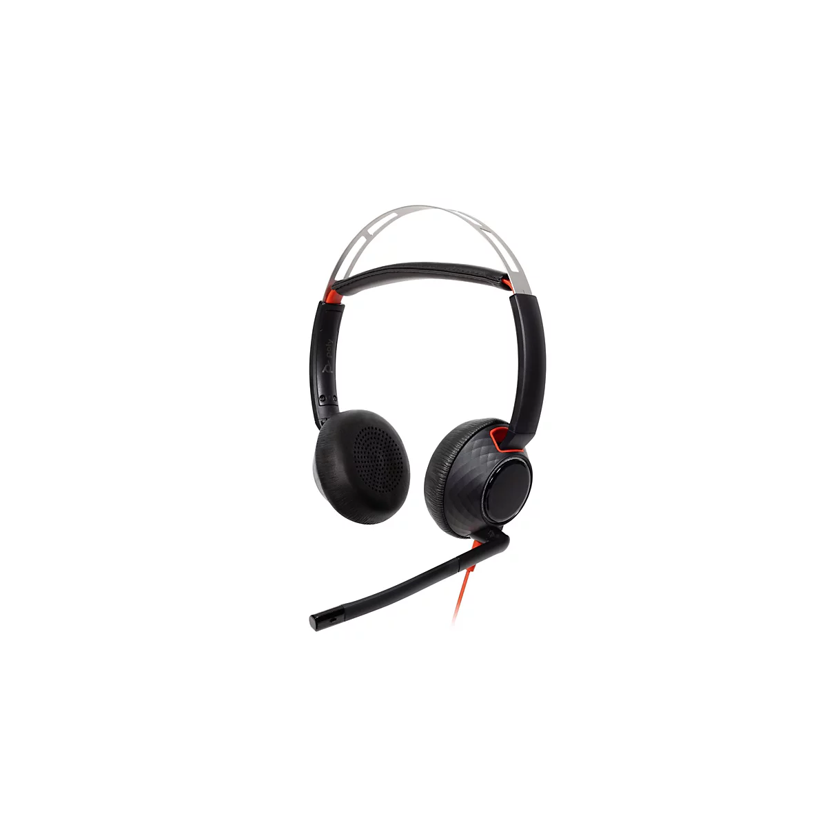Schwarzes Poly Headset mit Bügelmikrofon und silbernem Kopfband vor weißem Hintergrund.