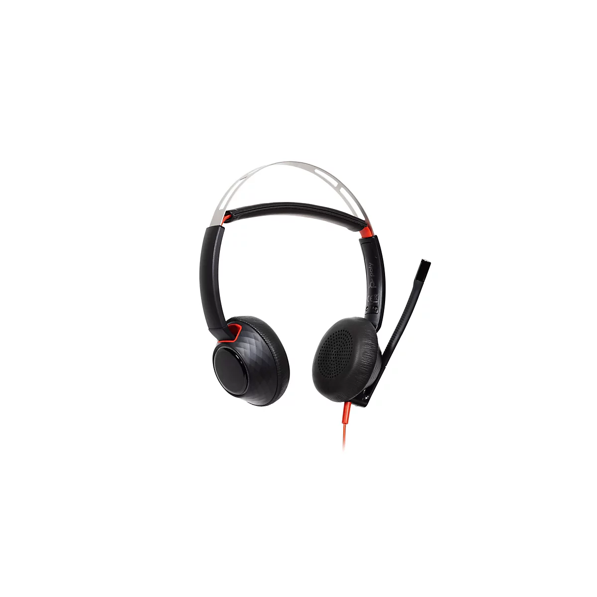 Schwarzes Poly Headset mit Kopfbügel aus Metall, Ohrmuscheln und ausklappbarem Mikrofonarm vor weißem Hintergrund.