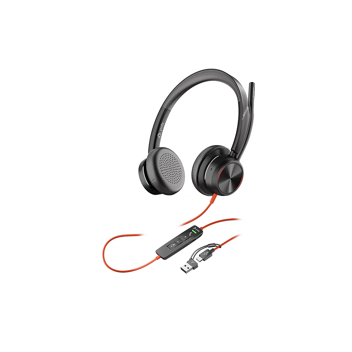 Schwarzes Poly Headset mit rotem Kabel, Fernbedienung und USB-A sowie USB-C Anschluss vor weißem Hintergrund.
