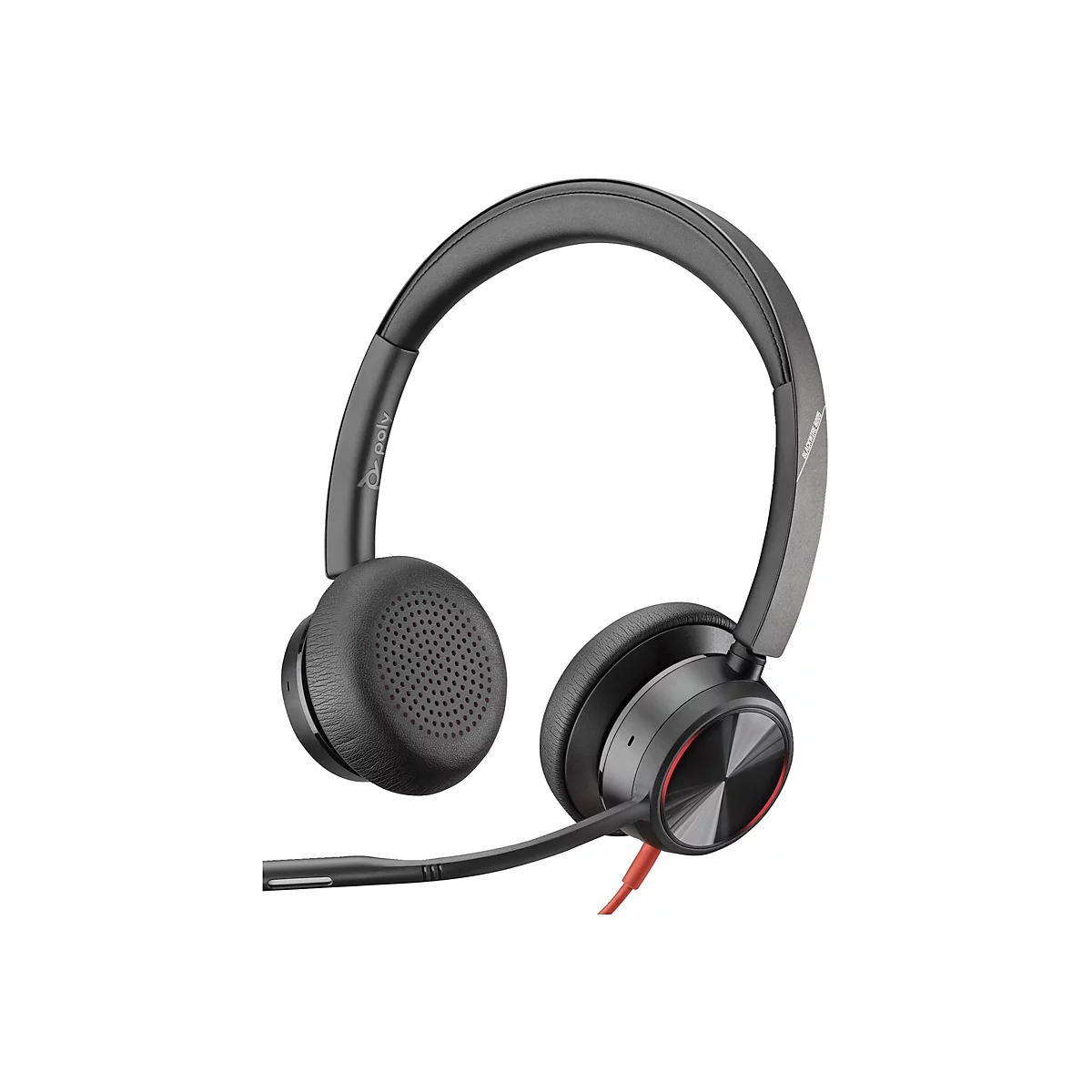 Schwarzes Poly Blackwire 8225 Headset vor weißem Hintergrund. Das Headset hat ein Mikrofon mit rotem Kabel.