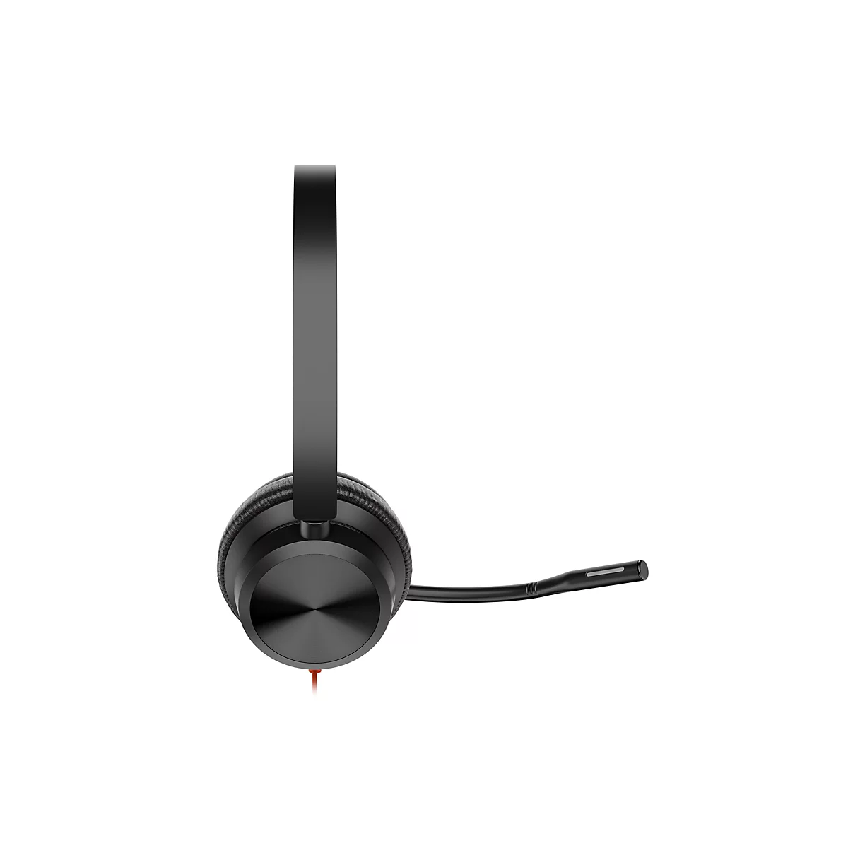 Schwarzes On-Ear-Headset in Seitenansicht vor weißem Hintergrund mit Mikrofonarm.