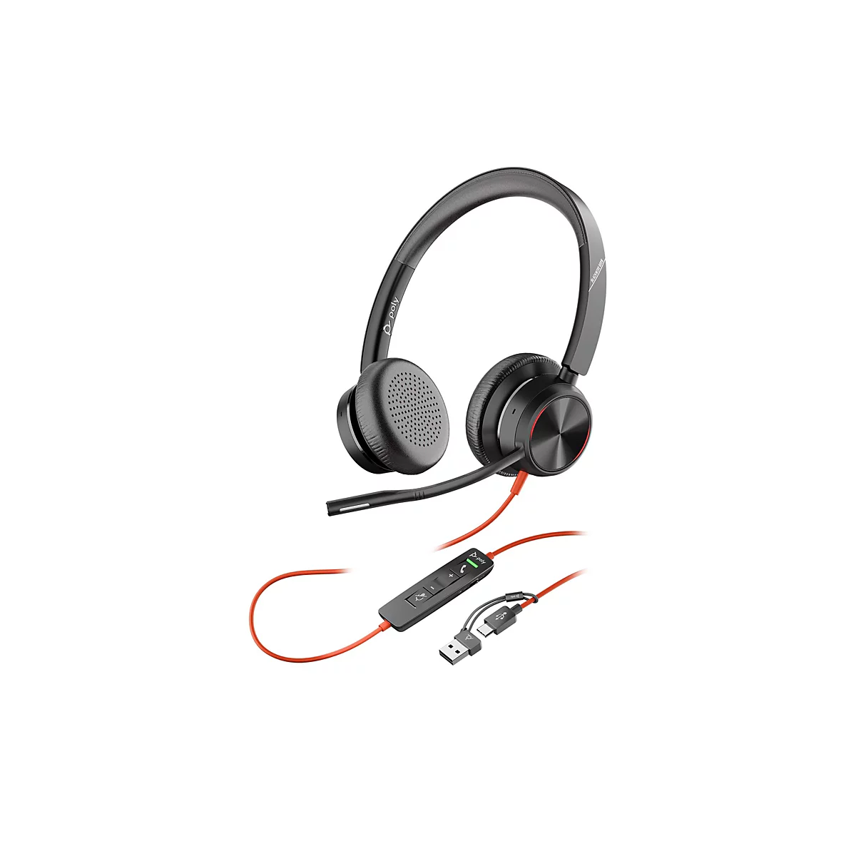 Schwarzes Poly Headset mit orangefarbenem Kabel, Mikrofonarm und USB-Anschluss vor weißem Hintergrund.