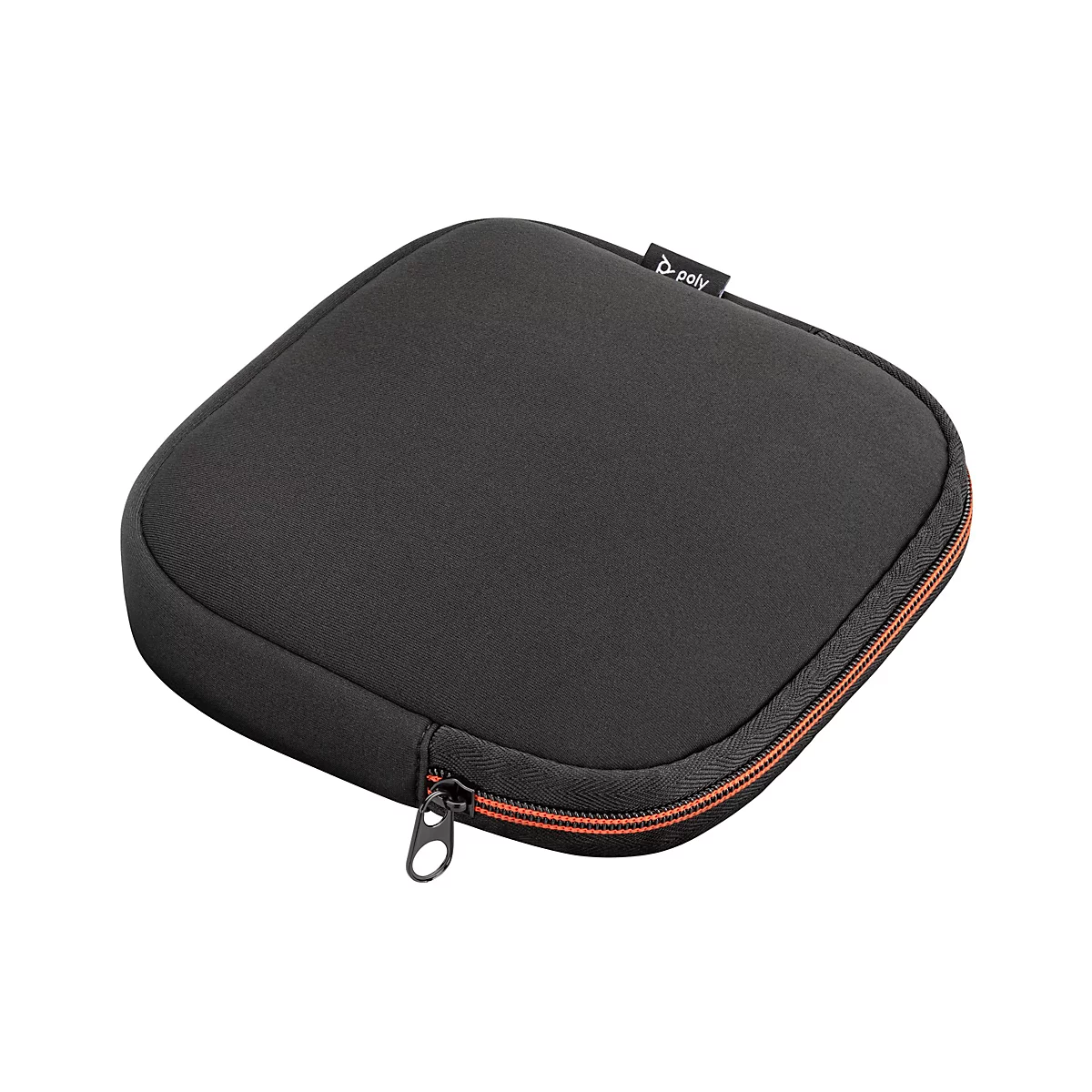 Schwarzes Etui mit Reißverschluss und orangefarbenen Akzenten. Kleiner, weißer Poly-Schriftzug.