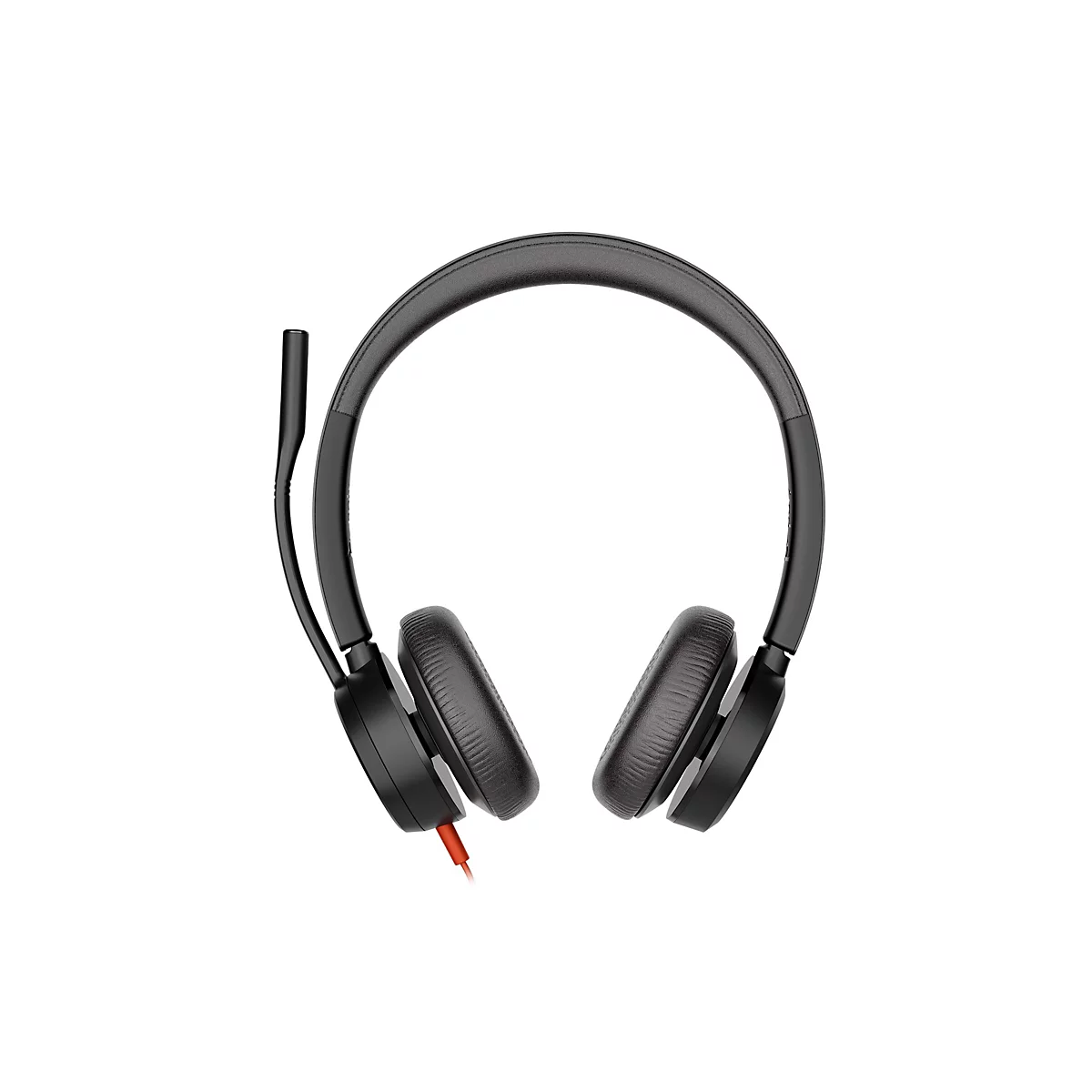 Schwarzes On-Ear-Headset mit Kopfbügel und Mikrofonarm vor weißem Hintergrund.