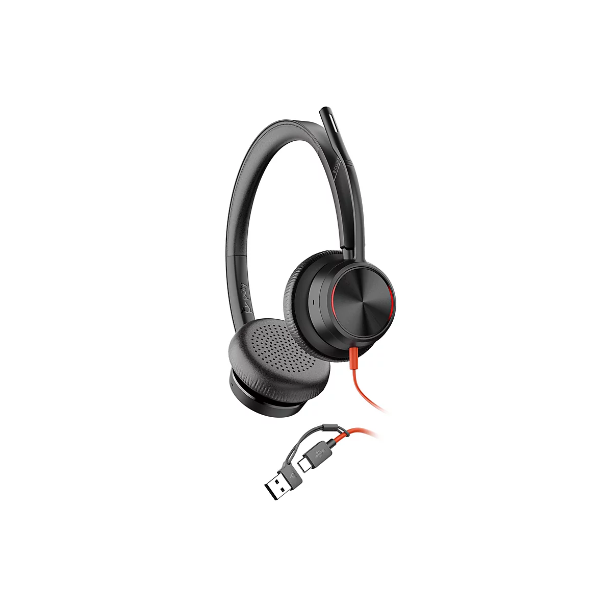 Schwarzes Poly Blackwire Headset mit Mikrofonarm und Kabel mit USB-A sowie USB-C Anschluss vor weißem Hintergrund.