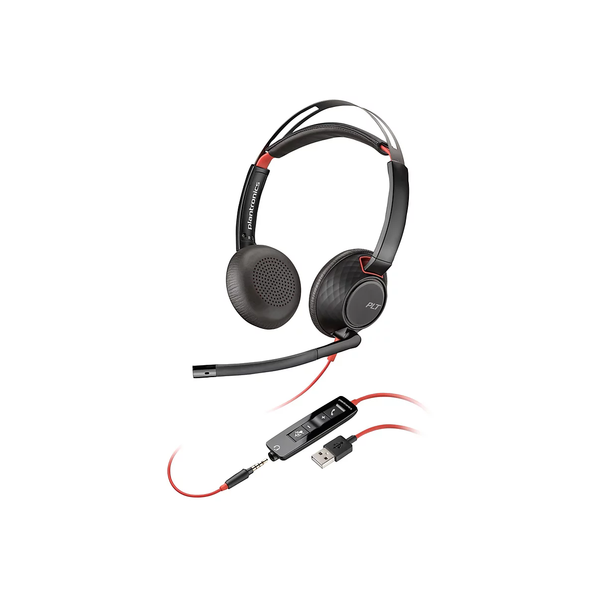 Schwarzes Plantronics Headset mit roter Akzentfarbe. Das Headset ist mit einem Mikrofon, Bedienelementen und einem USB-Anschluss ausgestattet.