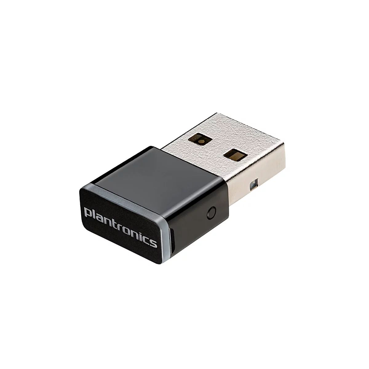 Ein schwarzer Plantronics USB-Dongle mit silberfarbenem USB-Stecker, auf weißem Hintergrund.