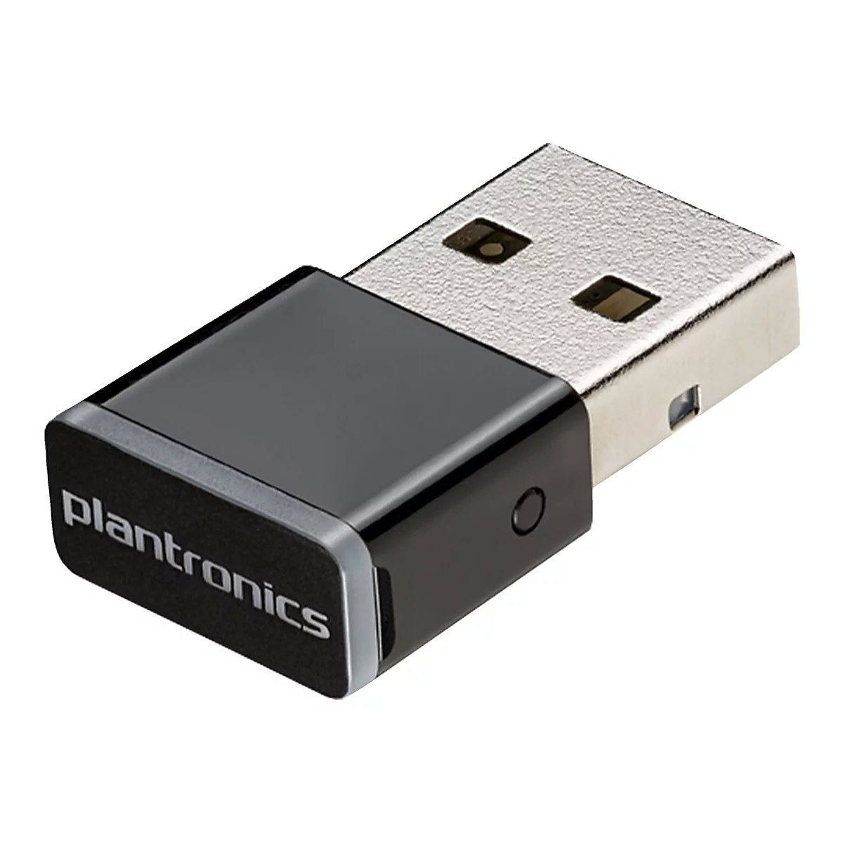 Ein schwarzer USB-Dongle mit „plantronics“ Schriftzug. Auf der einen Seite ein USB-Stecker.