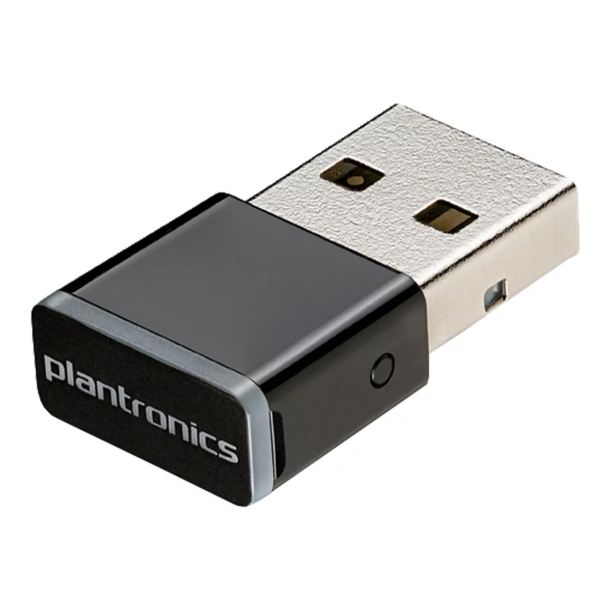 Ein schwarzer Plantronics USB-Dongle mit glänzender Oberfläche. Das Plantronics-Logo ist gut sichtbar.