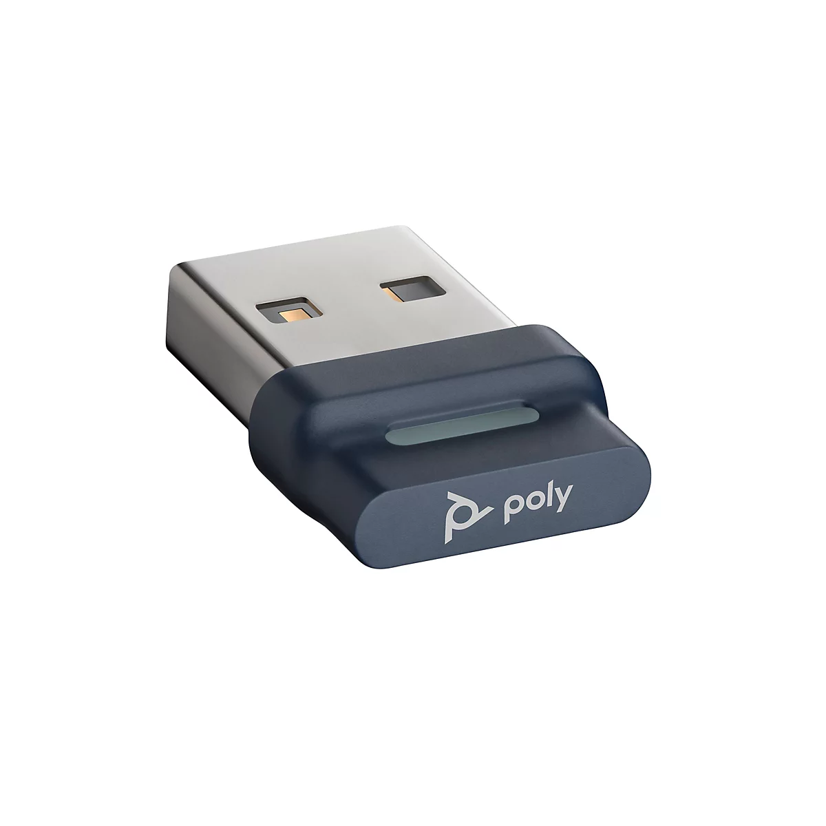 Ein USB-Dongle von Poly. Der Adapter hat einen silbernen USB-Anschluss und ein blaues Gehäuse mit Poly-Logo.