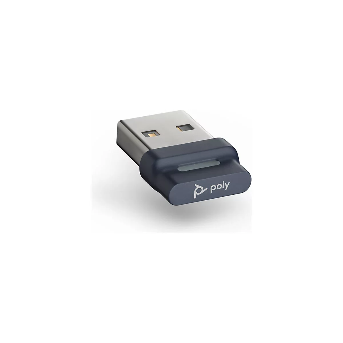 Drahtloser USB-Dongle in Grau und Dunkelblau mit dem Logo von 'poly'.