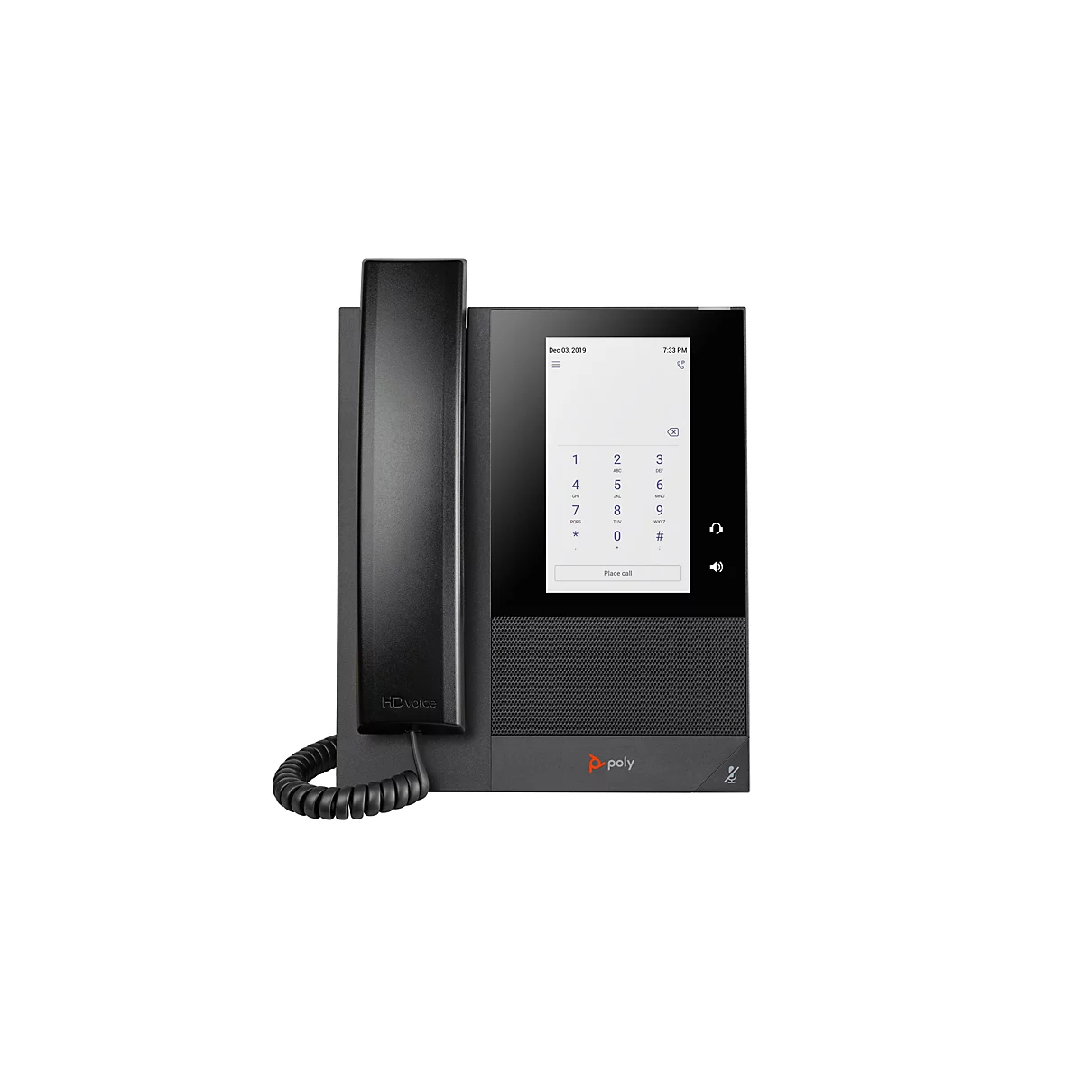 Ein schwarzes Tischtelefon mit einem integrierten Bildschirm, Telefonhörer und Zifferntasten vor einem weißen Hintergrund.