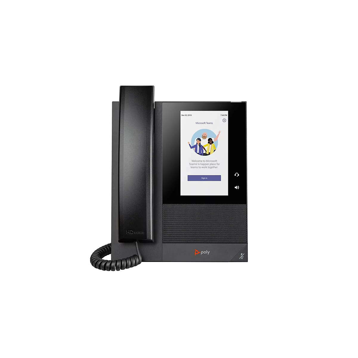Ein schwarzes Tischtelefon mit großem Bildschirm. Auf dem Bildschirm ist die Microsoft Teams-Oberfläche zu sehen, mit einem Willkommensbild und der Aufforderung zur Anmeldung.
