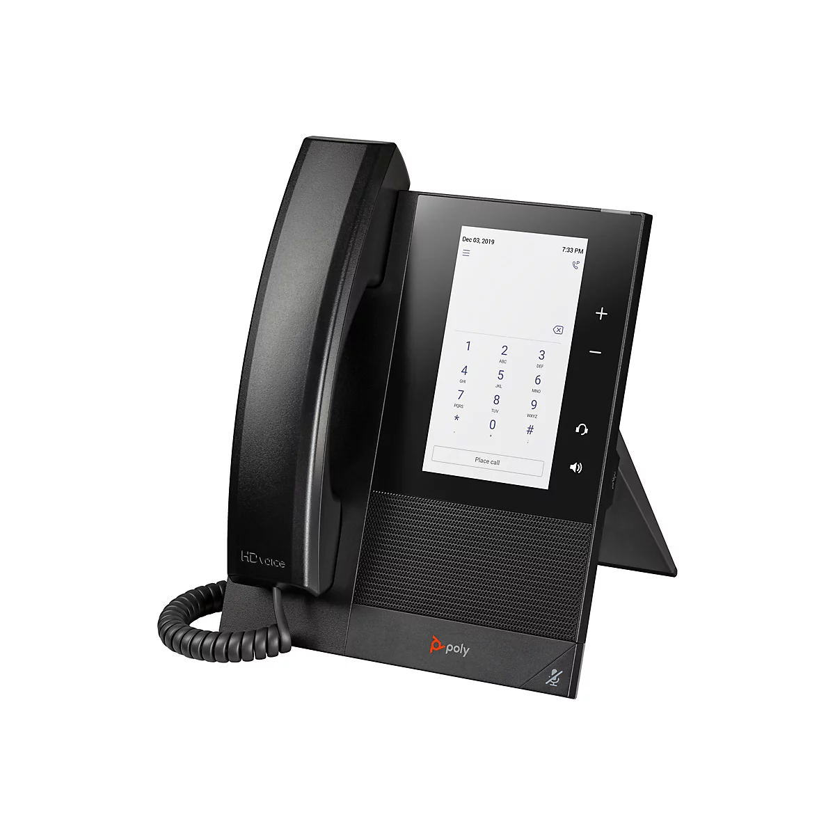 Schwarzes Festnetztelefon mit Display, Datum und Zifferntasten, Kabel und HD Voice-Logo, auf weißem Hintergrund.