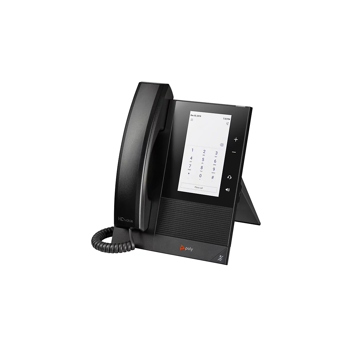 Schwarzes Festnetztelefon mit Display, Zifferntasten und Freisprechfunktion. Auf dem Bildschirm werden Datum und Uhrzeit sowie eine Wähltastatur angezeigt.