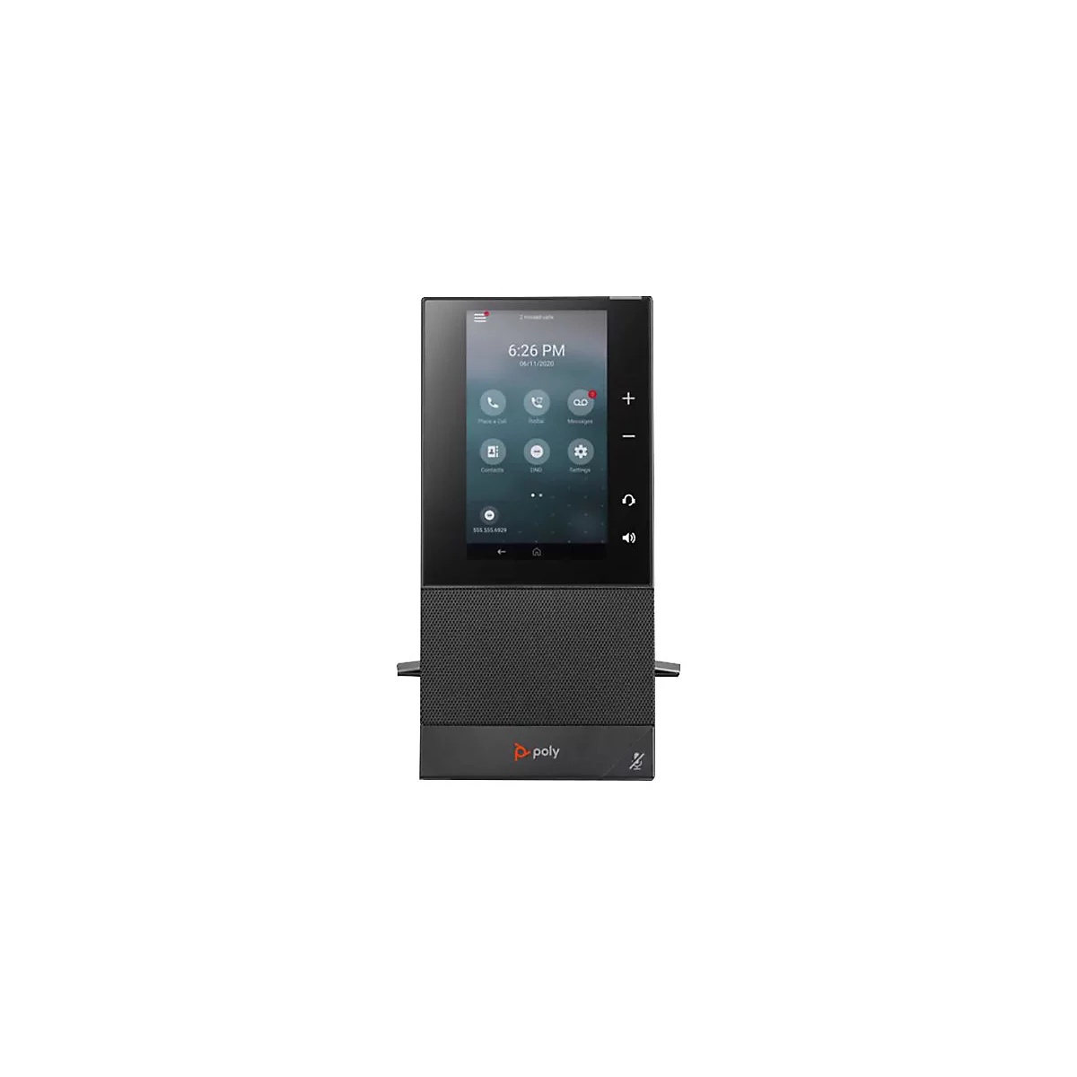 Schwarzes Poly-Videotelefon mit Touchscreen, Uhrzeit 18:26 Uhr, Symbole, Logo und Mute-Taste.